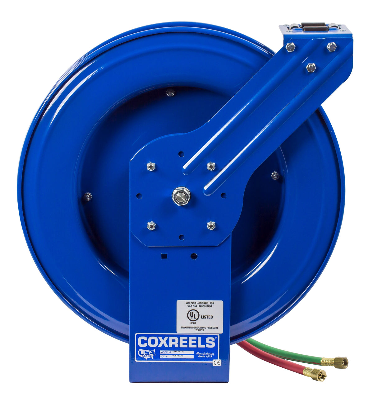 SHWTL-N-150 by Coxreels | SHW Series | 200 PSI Dual Hose Spring Driven Hose Reel for Oxy-Fuel Welding (T-Grade) | 1/4" Hose ID, 1/4" FNPT Inlet | Steel | 50ft Capacity, Hose Not Included
