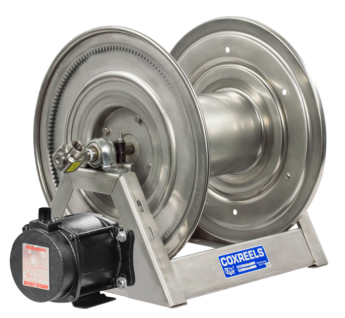 1125-4-100-EA-SP by Coxreels | 1125-SS Series | 3,000 PSI Motor Driven Hose Reel | 115V AC 1/2 HP Explosion Proof Electric Motor | 1/2" Hose ID, 1/2" FNPT Inlet | Stainless Steel | 100ft Capacity, Hose Not Included