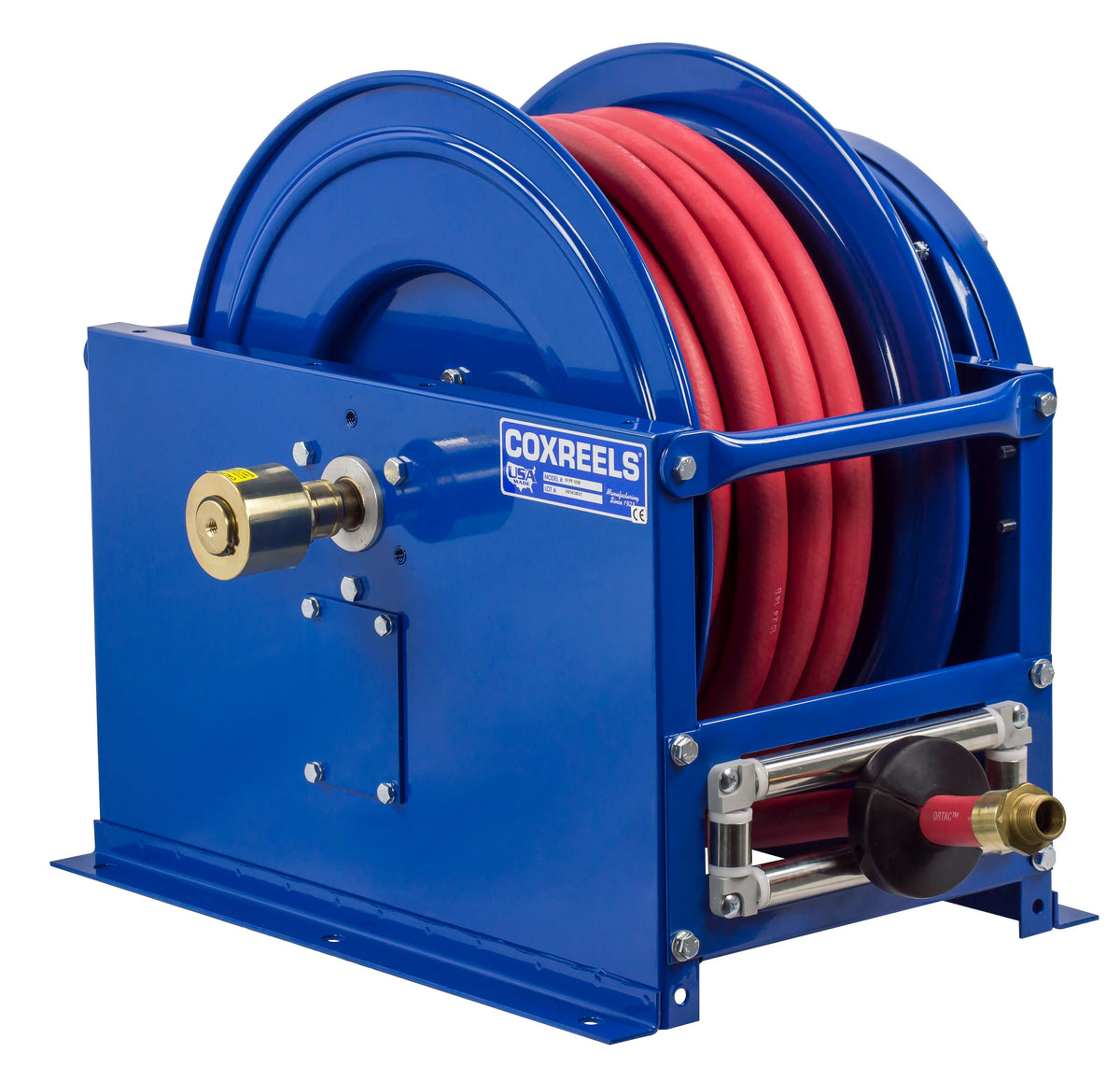 SLPF-5100 by Coxreels | SP-Fuel Series | 300 PSI Spring Driven Hose Reel for Fuel | 3/4" Hose ID, 3/4" FNPT Inlet x 3/4" MNPT Hose End | Steel | 100ft PVC Hose Included