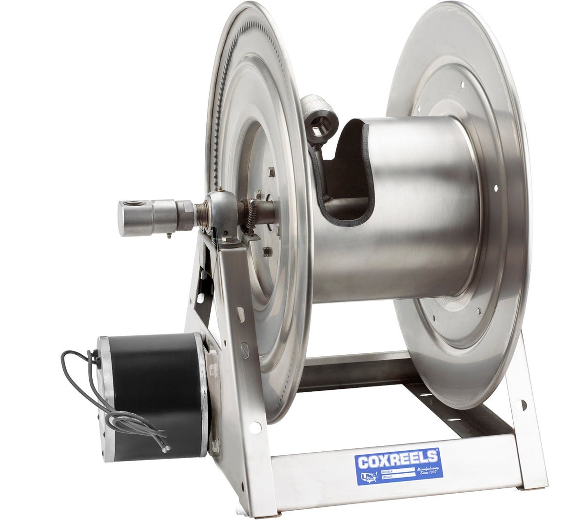 1175-6-200-E-SP by Coxreels | 1175-SS Series | 3,000 PSI Motor Driven Hose Reel | 12V DC 1/3 HP Electric Motor | 1" Hose ID, 1" FNPT Inlet | Stainless Steel | 200ft Capacity, Hose Not Included