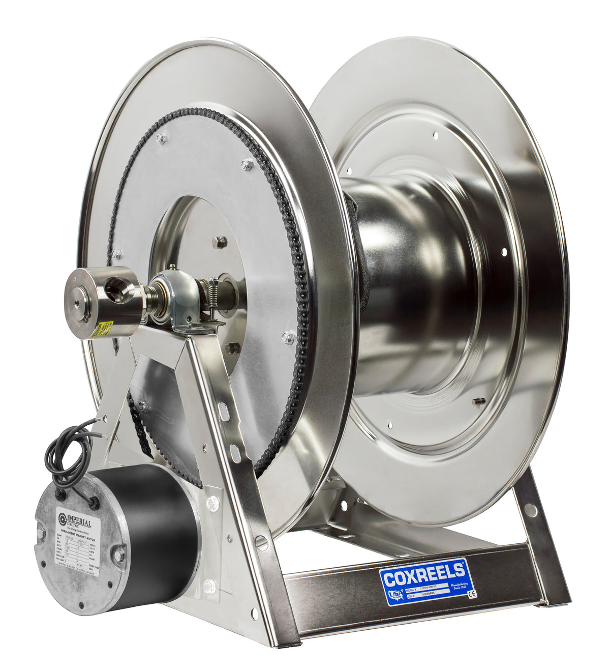 1175-6-200-E-SS by Coxreels | 1175-SS Series | 3,000 PSI Motor Driven Hose Reel | 12V DC 1/3 HP Electric Motor | 1" Hose ID, 1" FNPT Inlet | Stainless Steel | 200ft Capacity, Hose Not Included