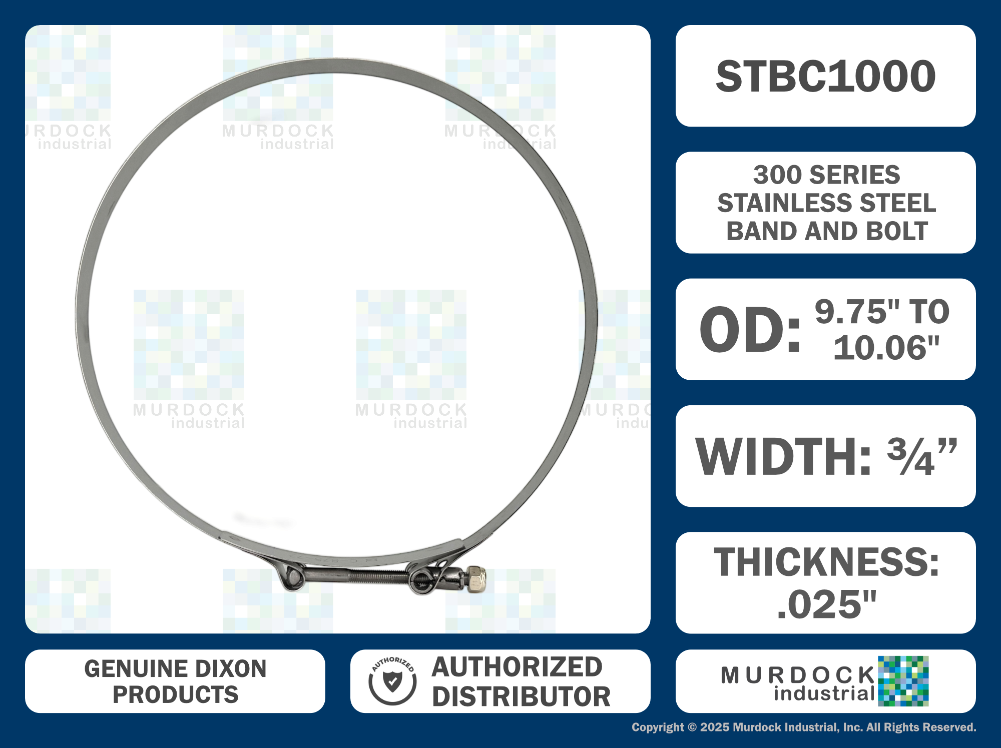 STBC1000 by Dixon Valve | Style STBC | T-Bolt Clamp | 3/4" Band Width | Hose OD Range: from 9.75" to 10.06" | 300 Stainless Steel Band & Bolt