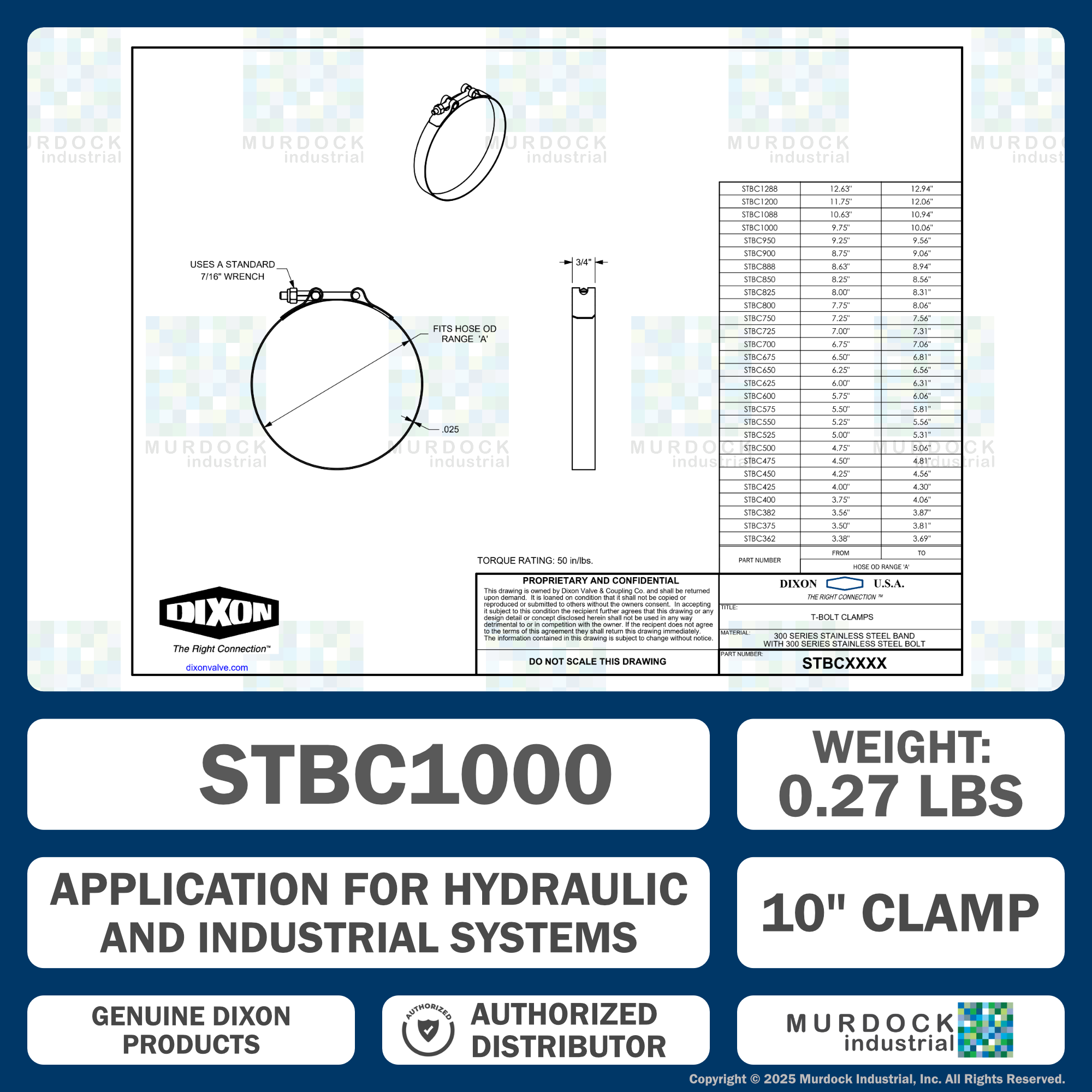 STBC1000 by Dixon Valve | Style STBC | T-Bolt Clamp | 3/4" Band Width | Hose OD Range: from 9.75" to 10.06" | 300 Stainless Steel Band & Bolt