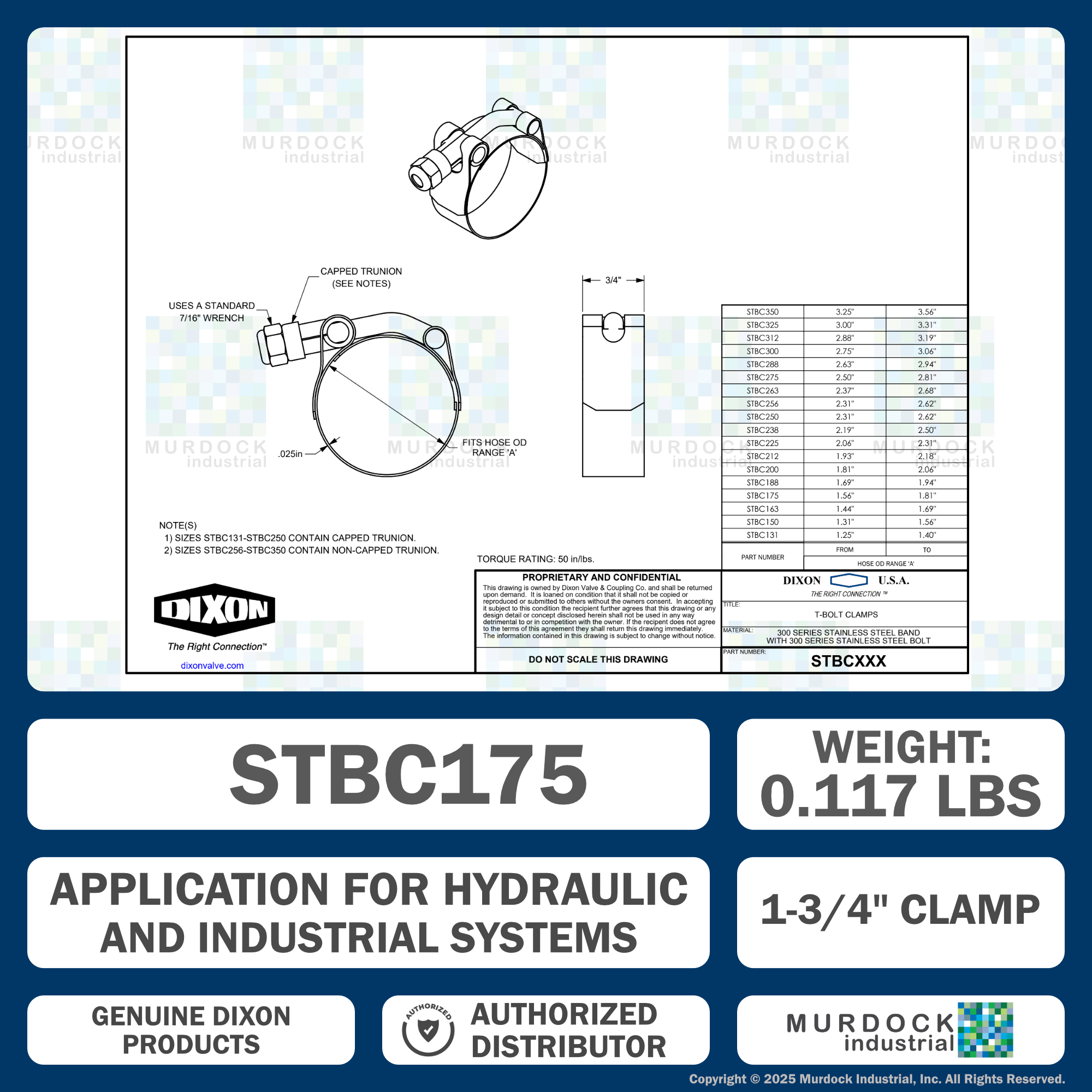 STBC175 by Dixon Valve | Style STBC | T-Bolt Clamp | 3/4" Band Width | Hose OD Range: from 1.56" to 1.81" | 300 Stainless Steel Band & Bolt