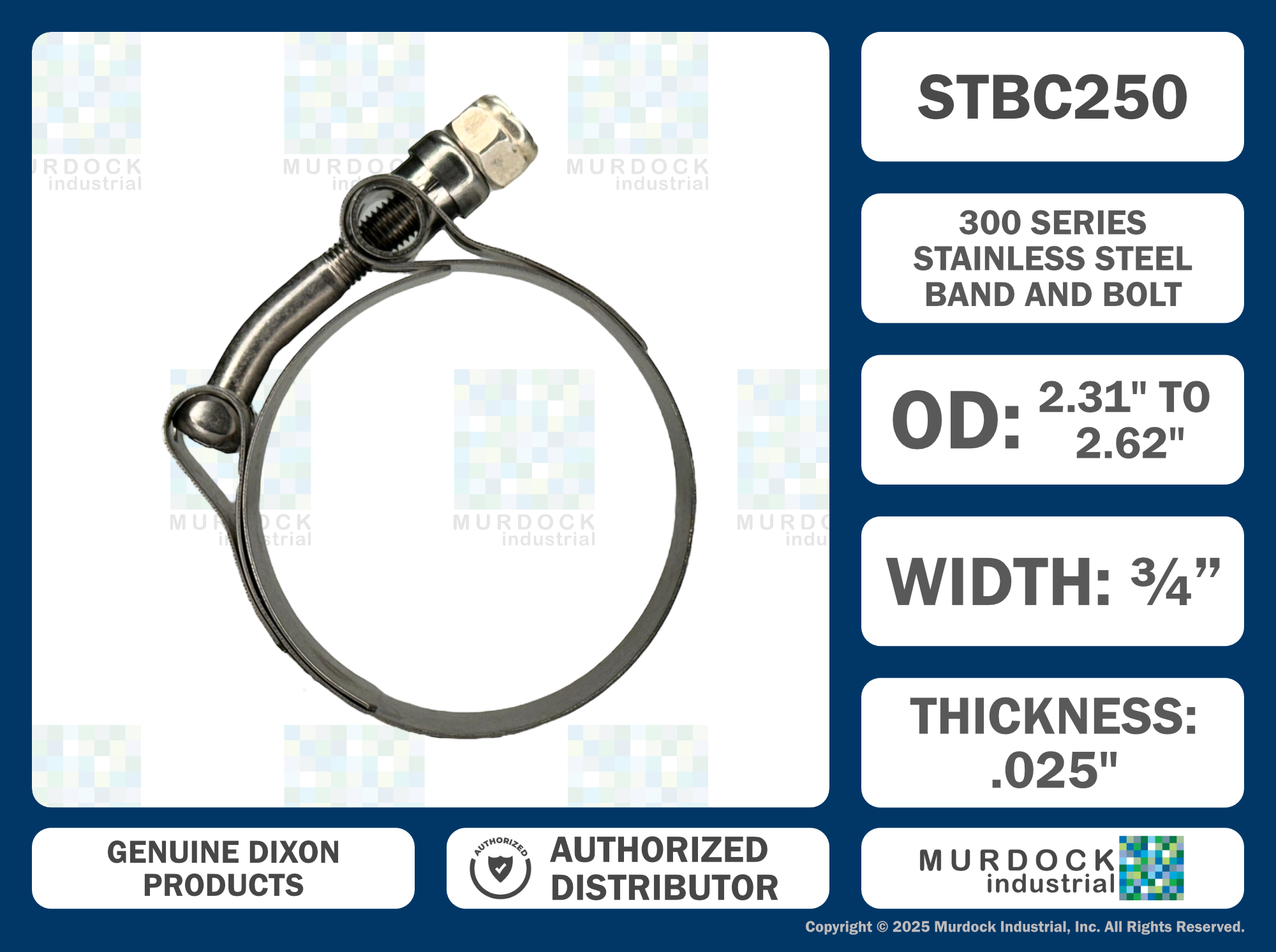 STBC250 by Dixon Valve | Style STBC | T-Bolt Clamp | 3/4" Band Width | Hose OD Range: from 2.31" to 2.62" | 300 Stainless Steel Band & Bolt