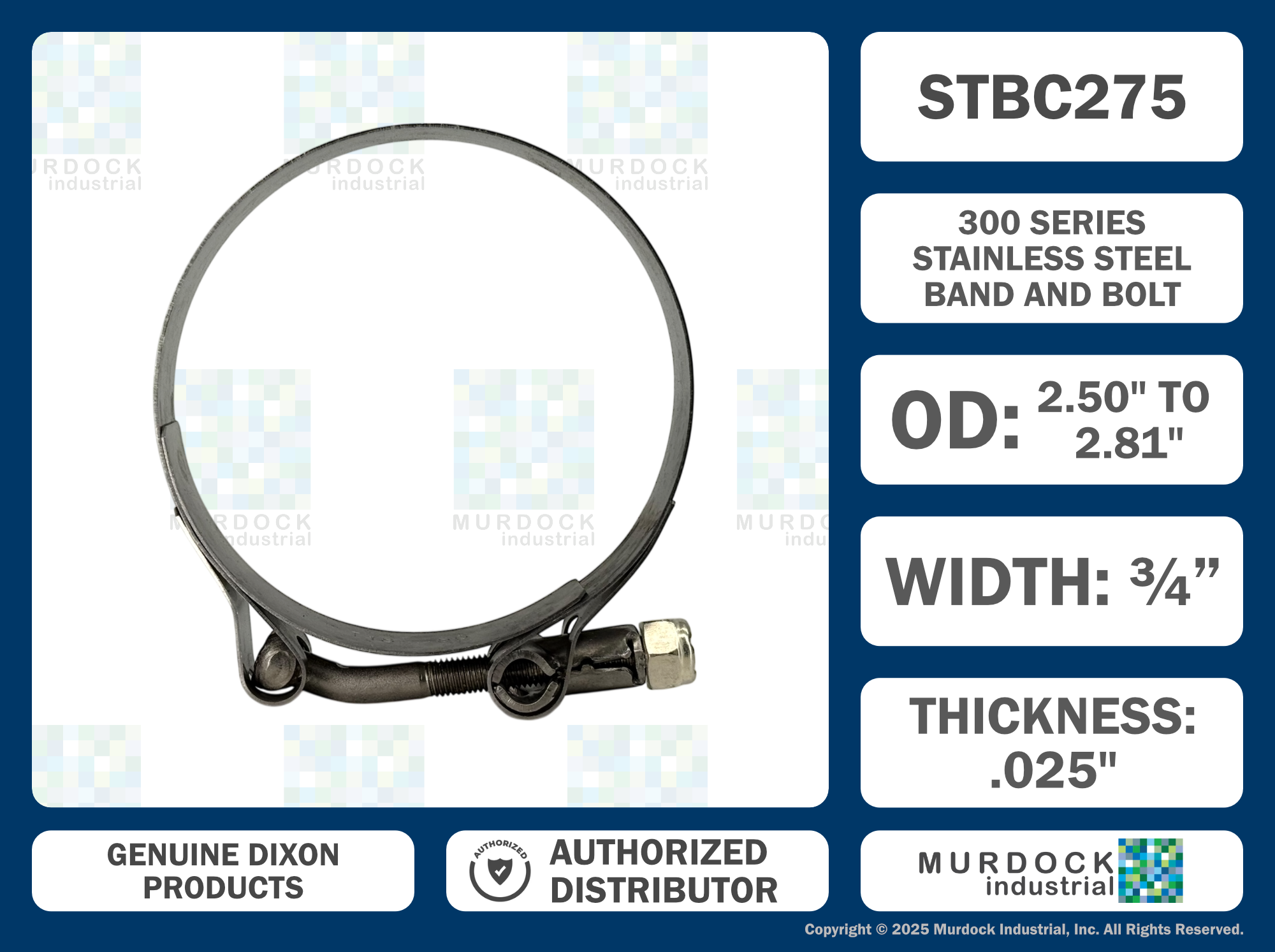 STBC275 by Dixon Valve | Style STBC | T-Bolt Clamp | 3/4" Band Width | Hose OD Range: from 2.50" to 2.81" | 300 Stainless Steel Band & Bolt
