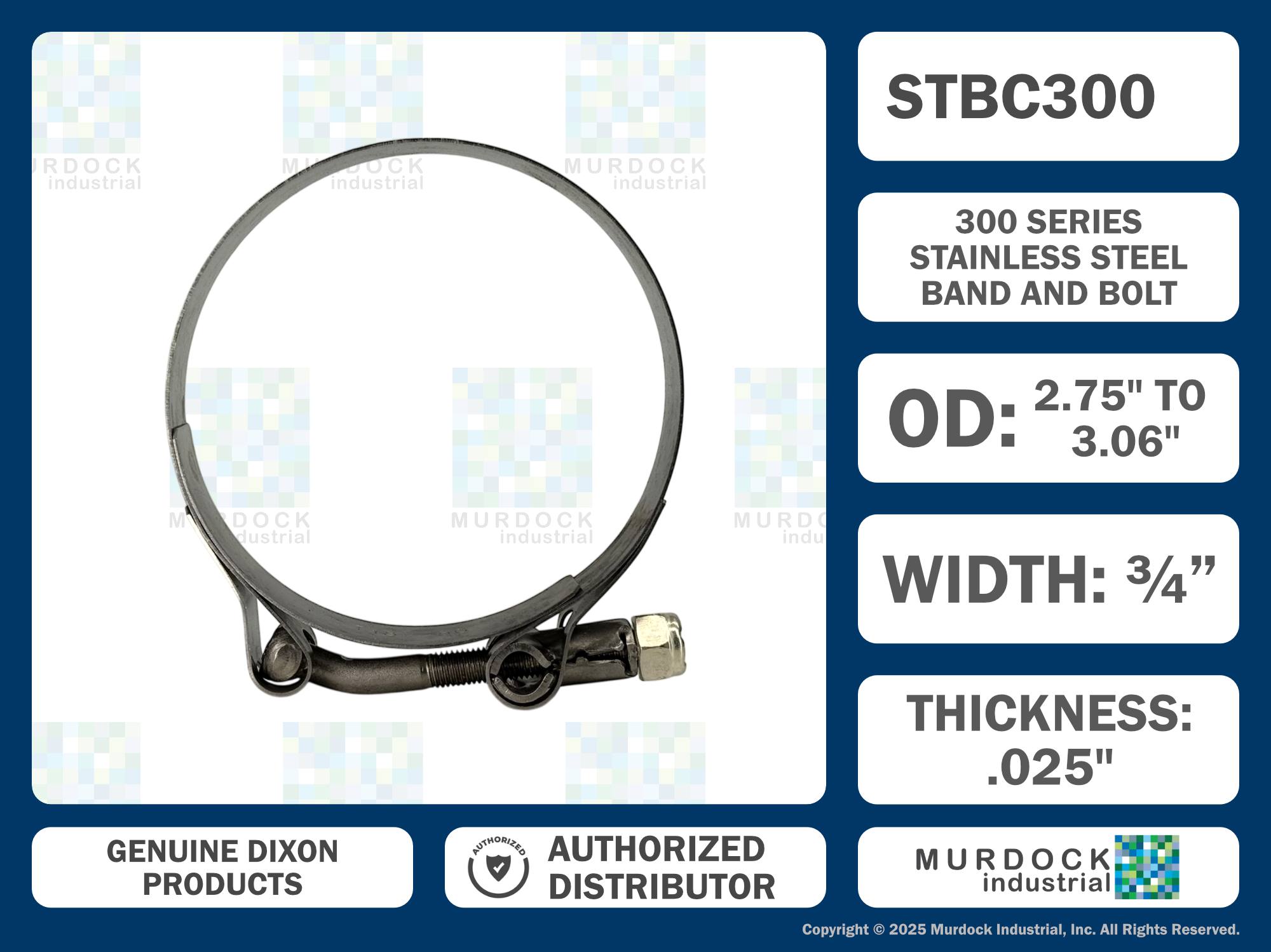STBC300 by Dixon Valve | Style STBC | T-Bolt Clamp | 3/4" Band Width | Hose OD Range: from 2.75" to 3.06" | 300 Stainless Steel Band & Bolt