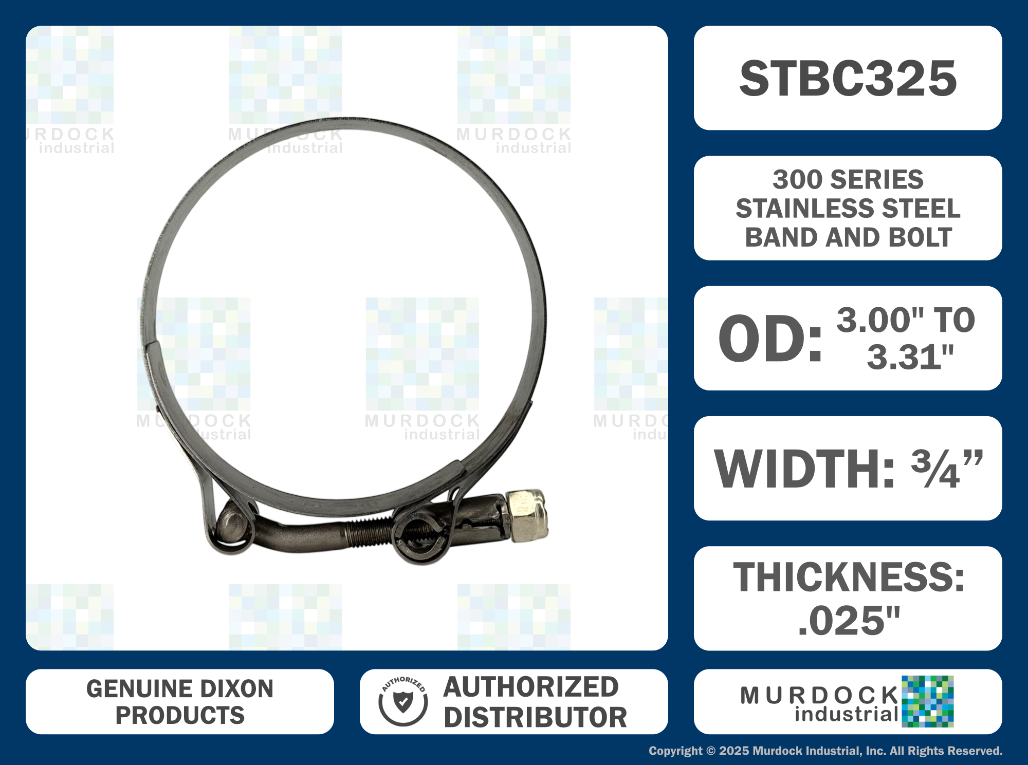 STBC325 by Dixon Valve | Style STBC | T-Bolt Clamp | 3/4" Band Width | Hose OD Range: from 3.00" to 3.31" | 300 Stainless Steel Band & Bolt