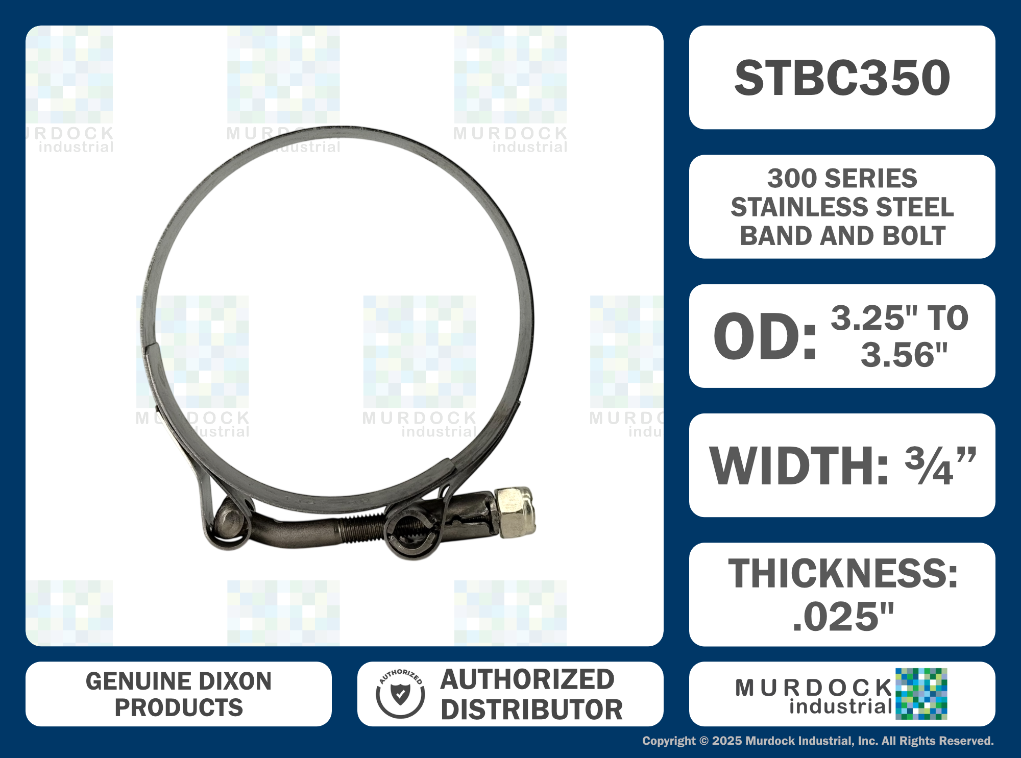 STBC350 by Dixon Valve | Style STBC | T-Bolt Clamp | 3/4" Band Width | Hose OD Range: from 3.25" to 3.56" | 300 Stainless Steel Band & Bolt