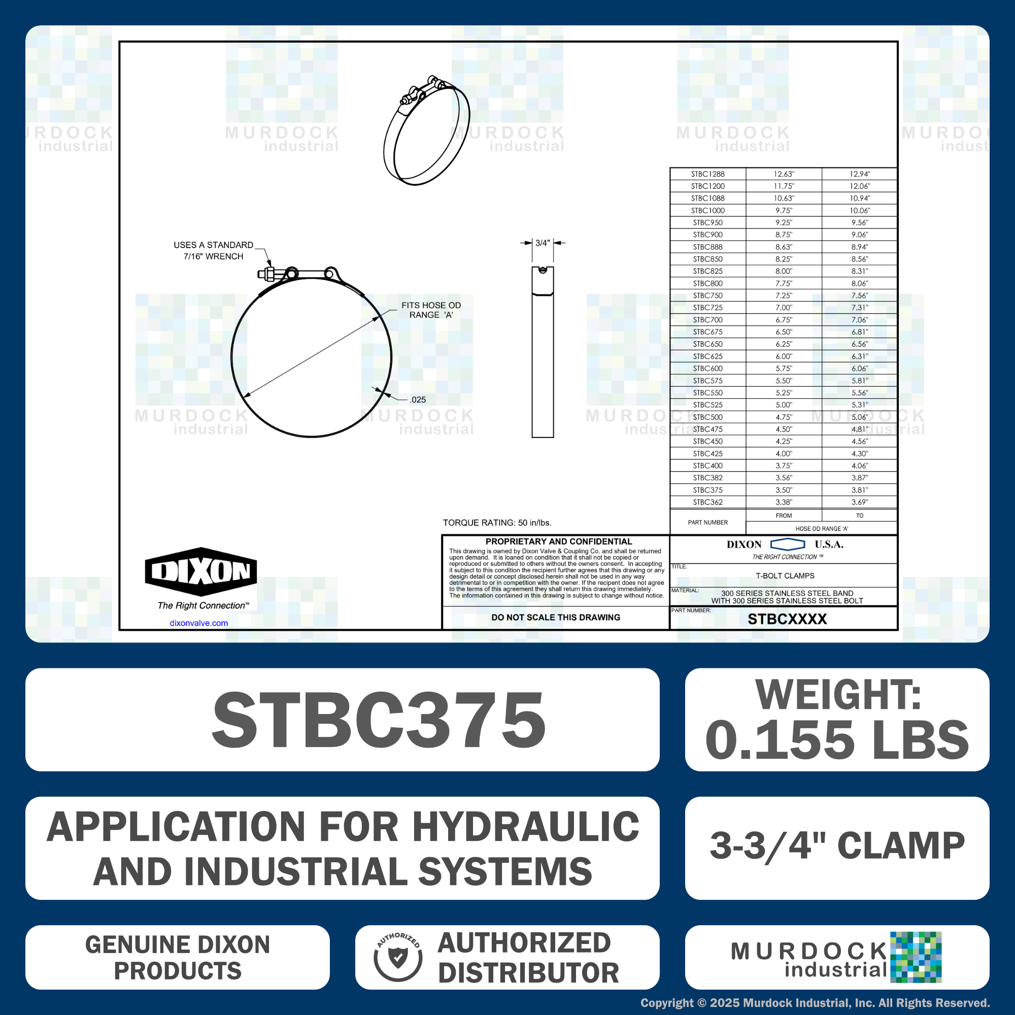 STBC375 by Dixon Valve | Style STBC | T-Bolt Clamp | 3/4" Band Width | Hose OD Range: from 3.50" to 3.81" | 300 Stainless Steel Band & Bolt