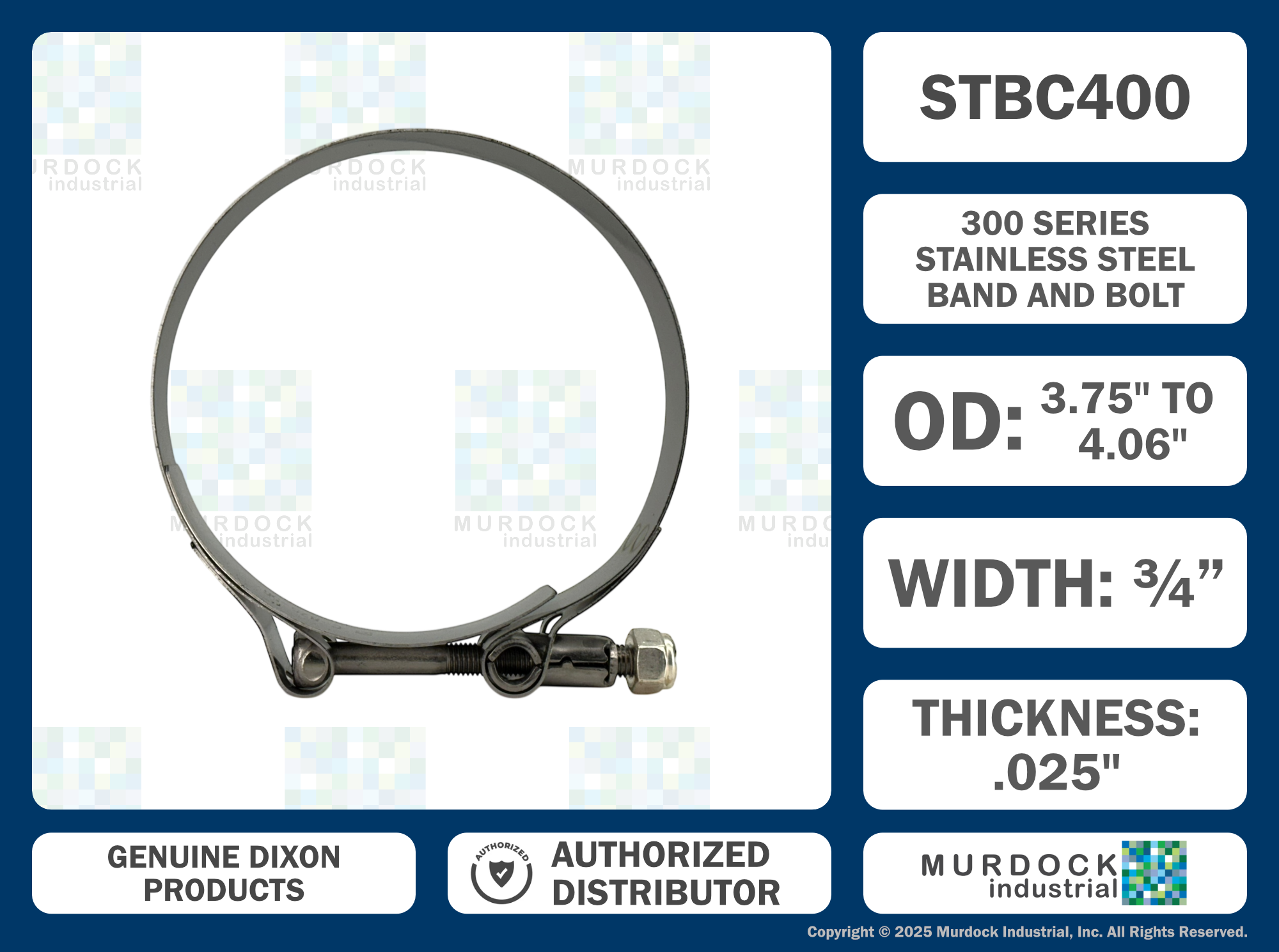 STBC400 by Dixon Valve | Style STBC | T-Bolt Clamp | 3/4" Band Width | Hose OD Range: from 3.75" to 4.06" | 300 Stainless Steel Band & Bolt