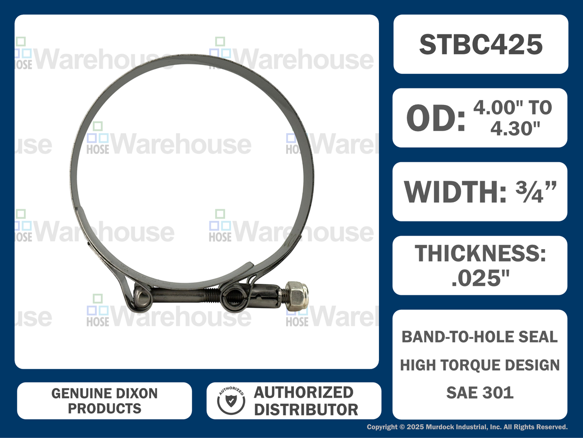 STBC425 by Dixon Valve | Style STBC | T-Bolt Clamp | 3/4" Band Width | Hose OD Range: from 4.00" to 4.30" | 300 Stainless Steel Band & Bolt