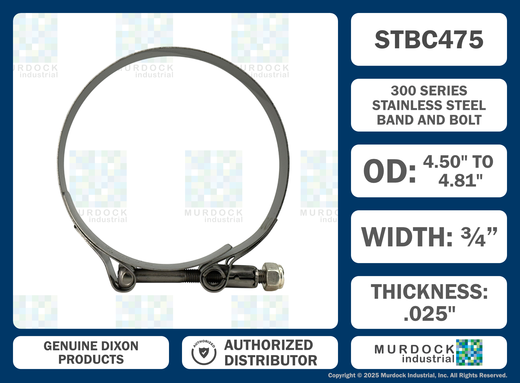 STBC475 by Dixon Valve | Style STBC | T-Bolt Clamp | 3/4" Band Width | Hose OD Range: from 4.50" to 4.81" | 300 Stainless Steel Band & Bolt