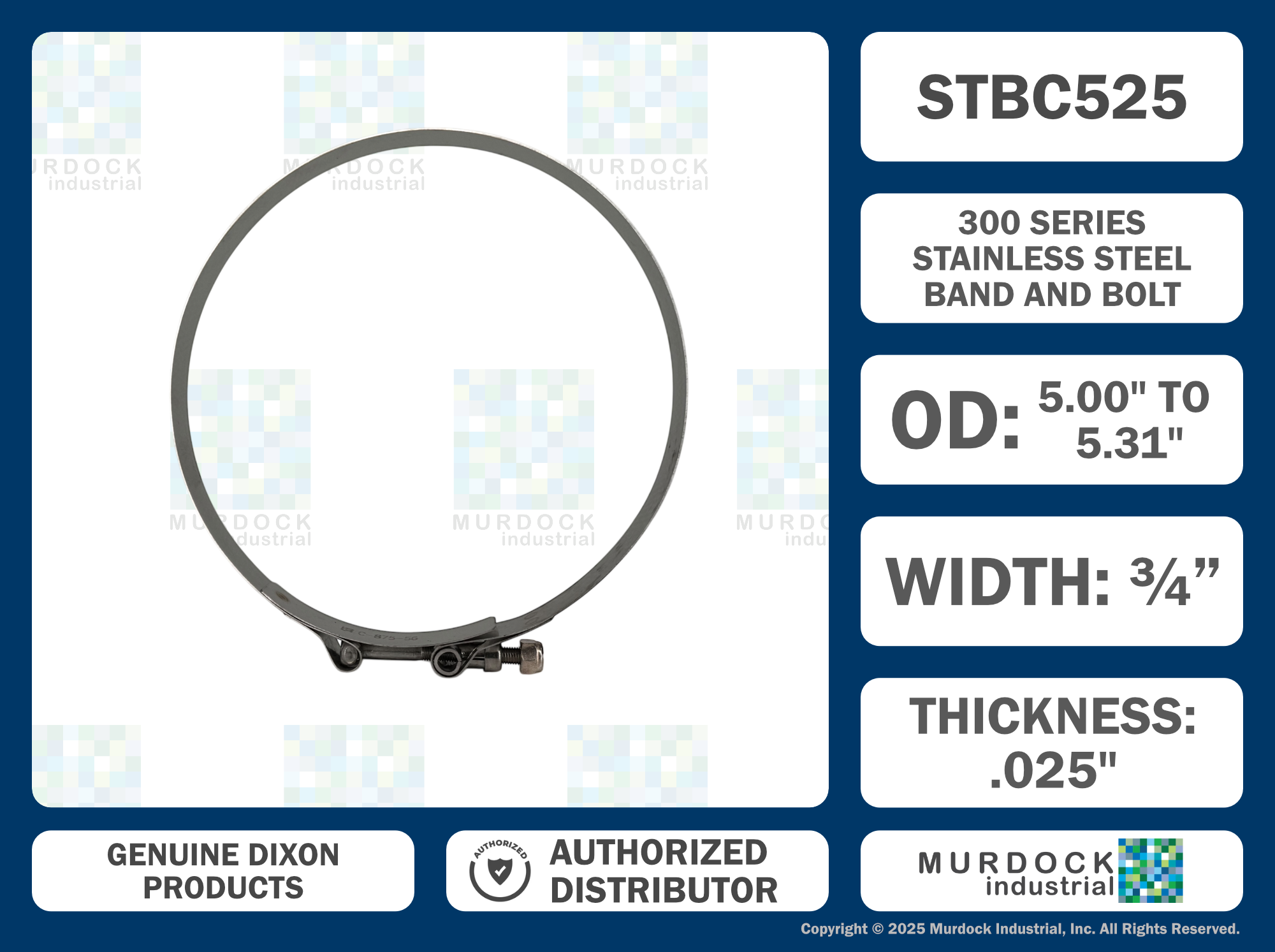 STBC525 by Dixon Valve | Style STBC | T-Bolt Clamp | 3/4" Band Width | Hose OD Range: from 5.00" to 5.31" | 300 Stainless Steel Band & Bolt