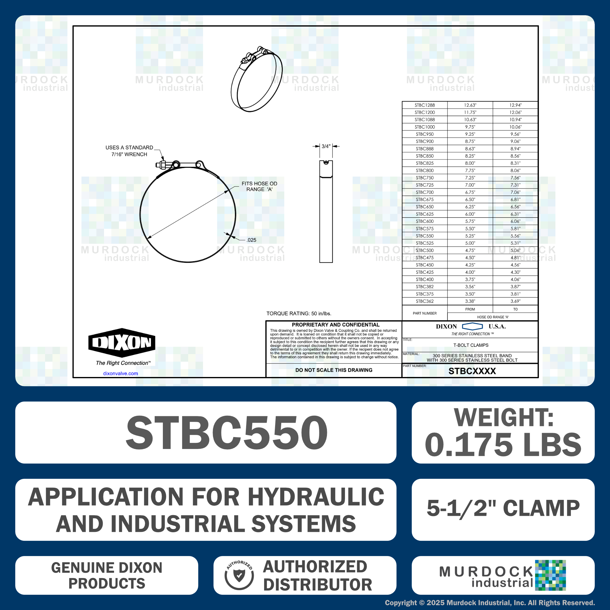 STBC550 by Dixon Valve | Style STBC | T-Bolt Clamp | 3/4" Band Width | Hose OD Range: from 5.25" to 5.56" | 300 Stainless Steel Band & Bolt