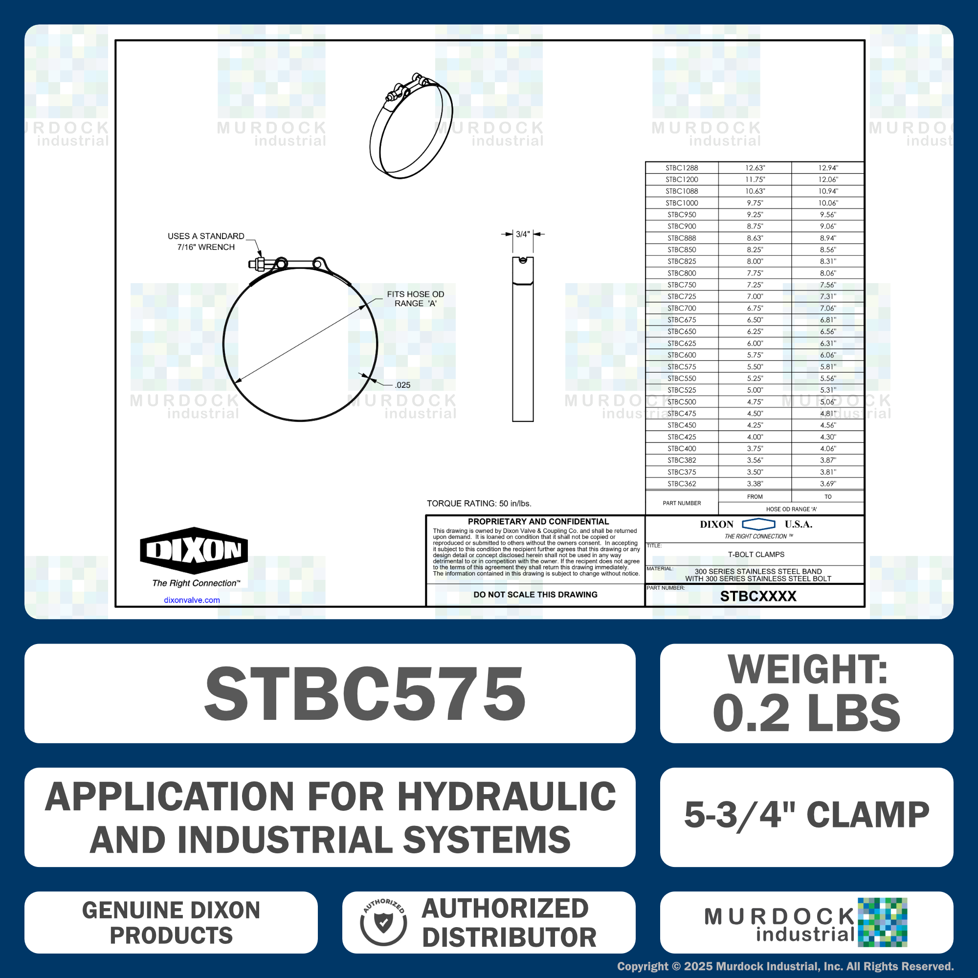 STBC575 by Dixon Valve | Style STBC | T-Bolt Clamp | 3/4" Band Width | Hose OD Range: from 5.50" to 5.81" | 300 Stainless Steel Band & Bolt