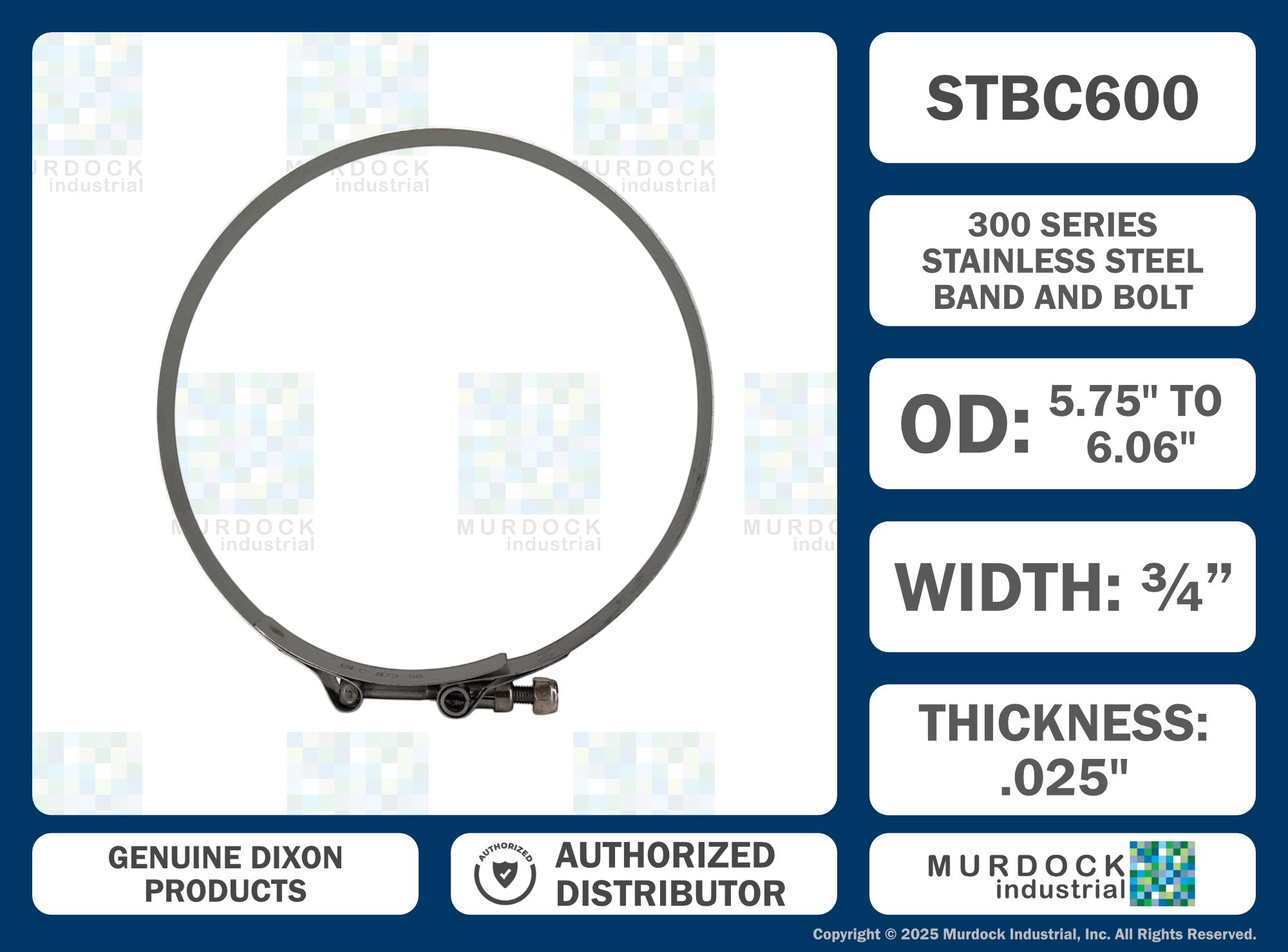 STBC600 by Dixon Valve | Style STBC | T-Bolt Clamp | 3/4" Band Width | Hose OD Range: from 5.75" to 6.06" | 300 Stainless Steel Band & Bolt
