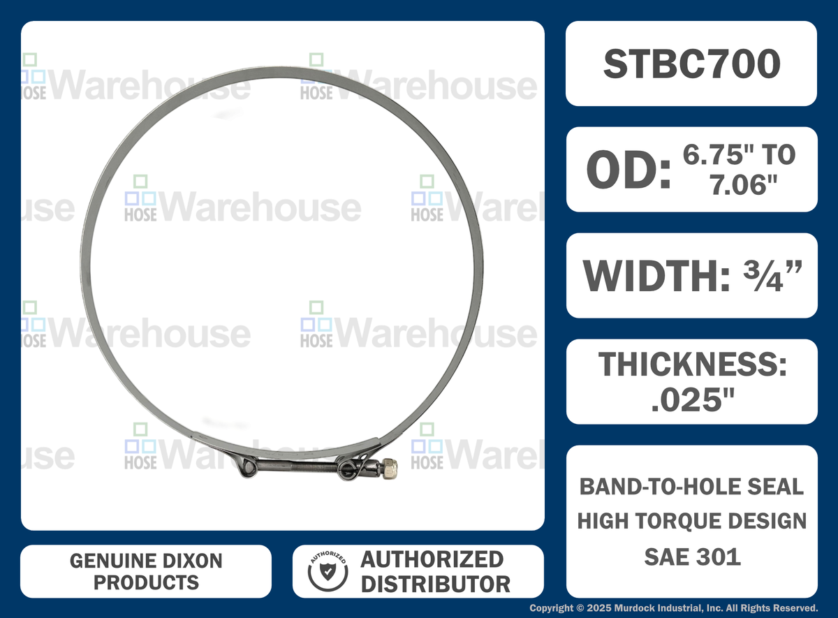 STBC700 by Dixon Valve | Style STBC | T-Bolt Clamp | 3/4" Band Width | Hose OD Range: from 6.75" to 7.06" | 300 Stainless Steel Band & Bolt