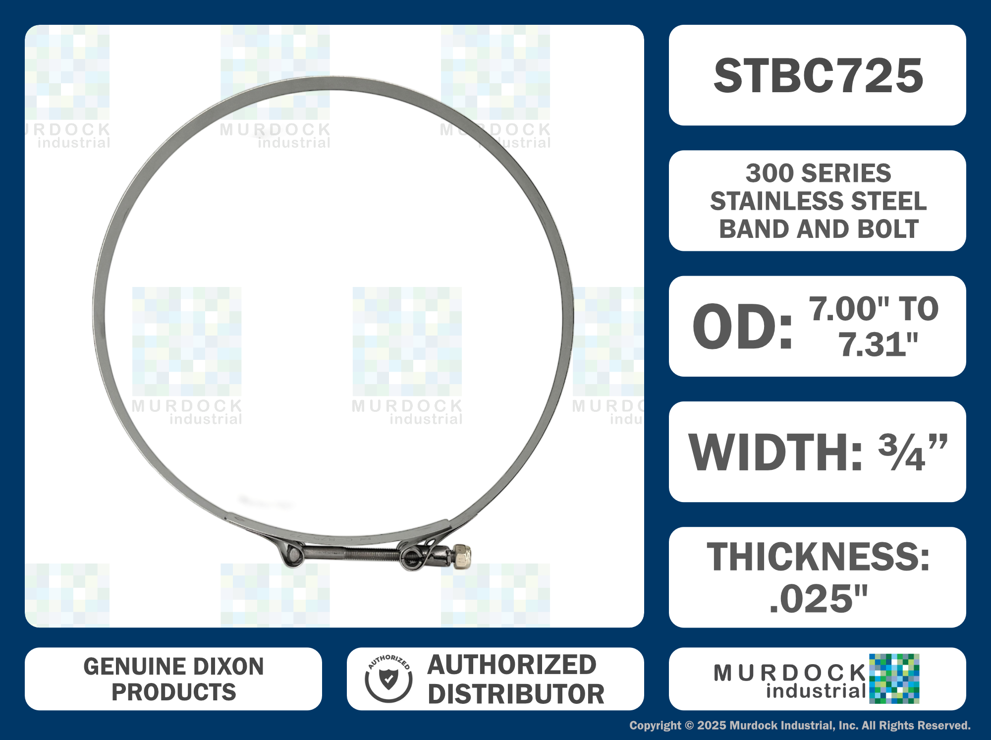 STBC725 by Dixon Valve | Style STBC | T-Bolt Clamp | 3/4" Band Width | Hose OD Range: from 7.00" to 7.31" | 300 Stainless Steel Band & Bolt