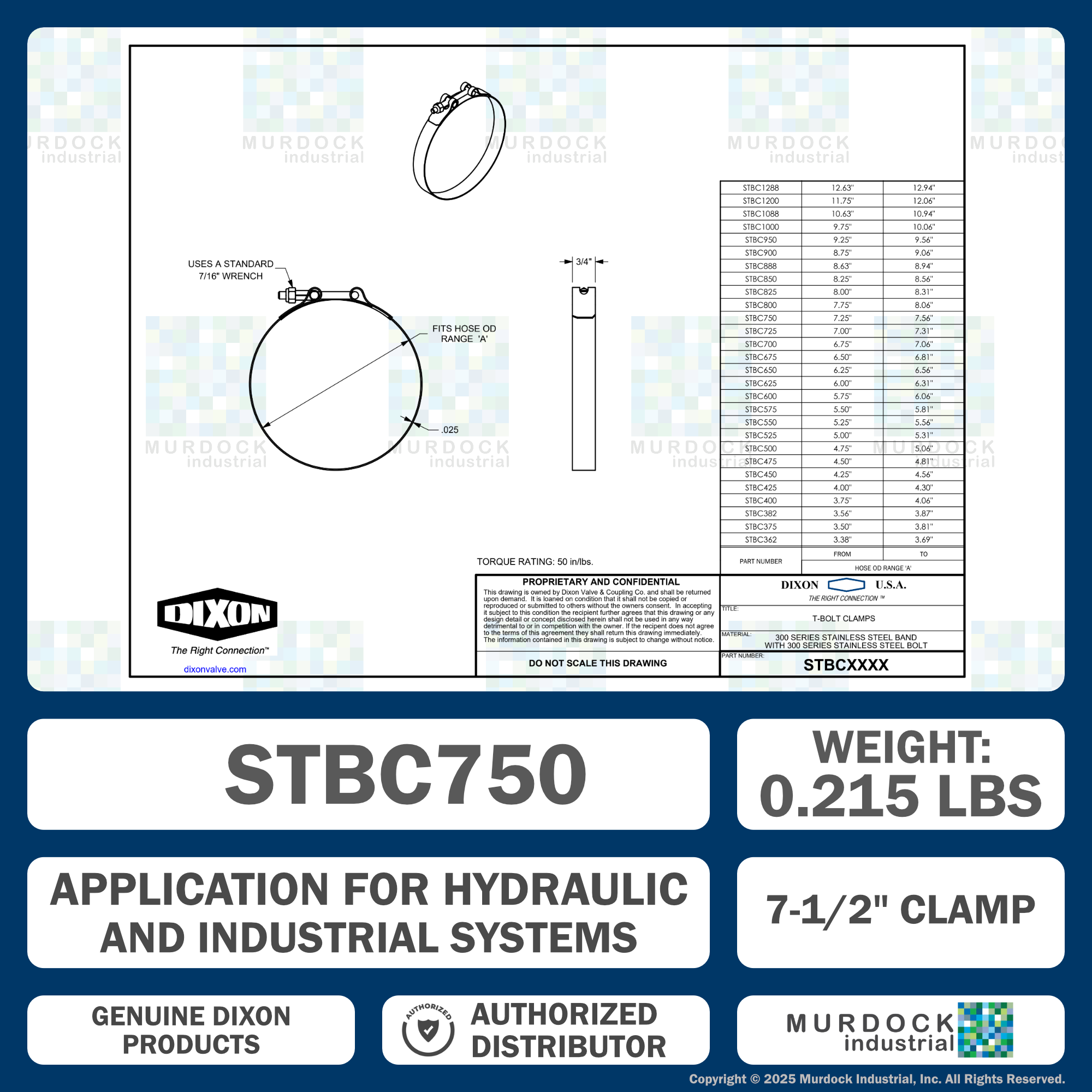 STBC750 by Dixon Valve | Style STBC | T-Bolt Clamp | 3/4" Band Width | Hose OD Range: from 7.25" to 7.56" | 300 Stainless Steel Band & Bolt