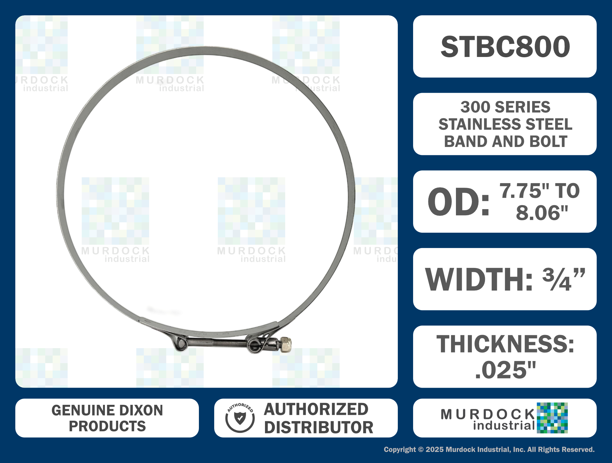 STBC800 by Dixon Valve | Style STBC | T-Bolt Clamp | 3/4" Band Width | Hose OD Range: from 7.75" to 8.06" | 300 Stainless Steel Band & Bolt