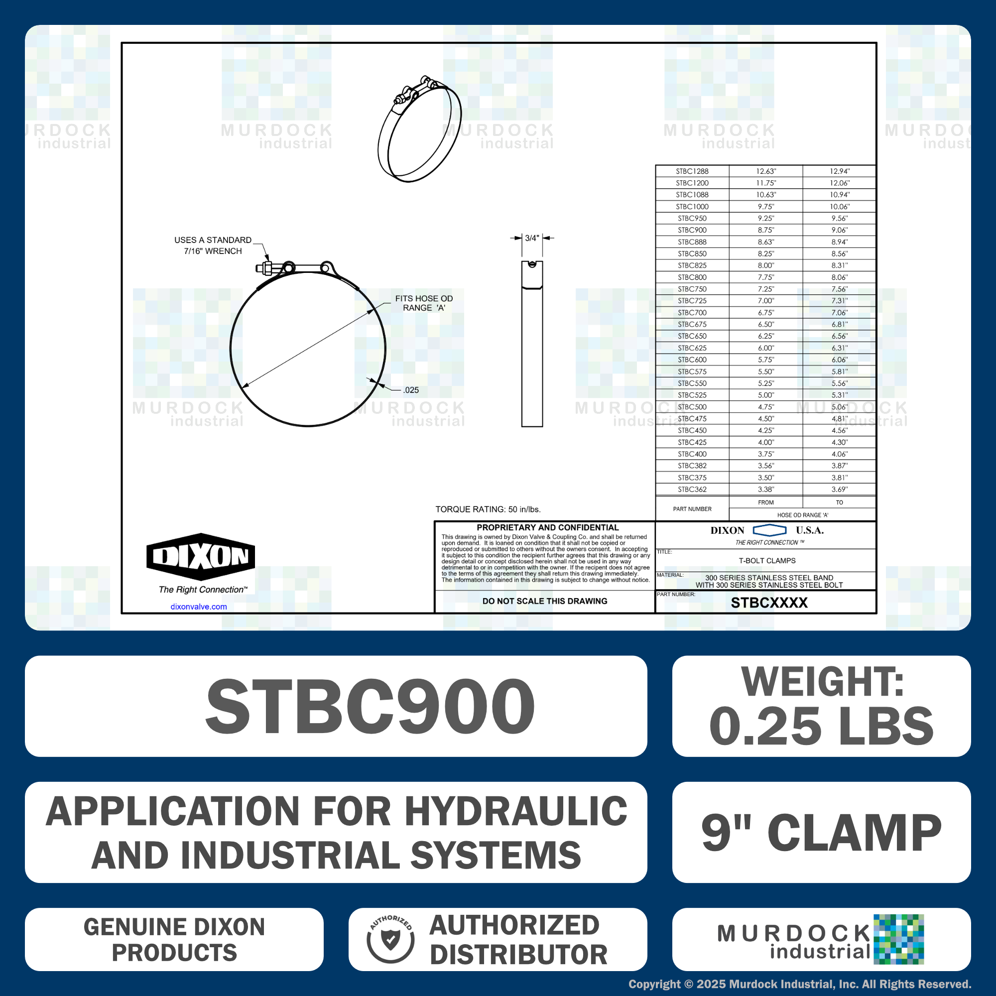 STBC900 by Dixon Valve | Style STBC | T-Bolt Clamp | 3/4" Band Width | Hose OD Range: from 8.75" to 9.06" | 300 Stainless Steel Band & Bolt