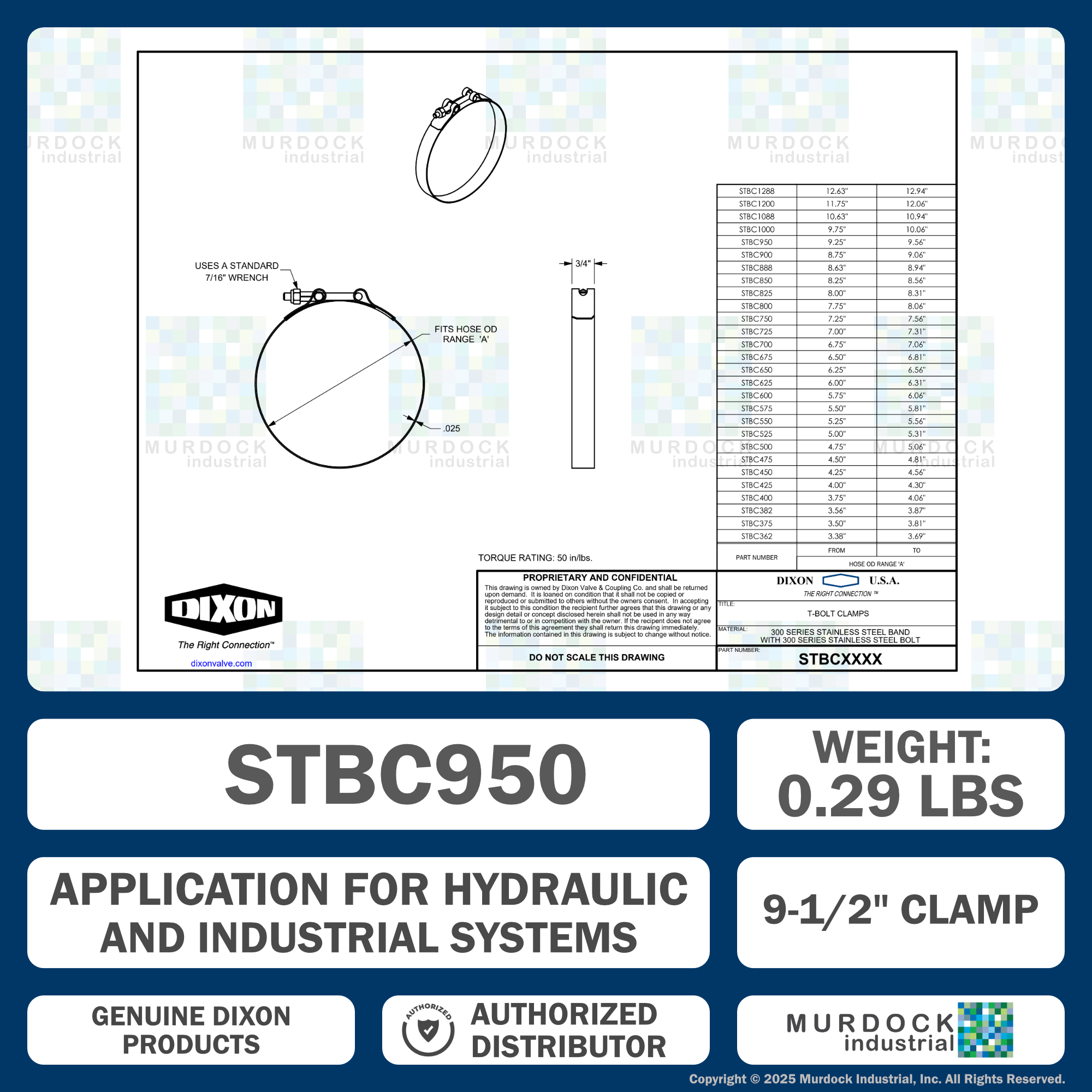 STBC950 by Dixon Valve | Style STBC | T-Bolt Clamp | 3/4" Band Width | Hose OD Range: from 9.25" to 9.56" | 300 Stainless Steel Band & Bolt