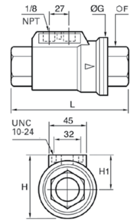 4203 20 28 20 by Parker | Axial Valve | 3/4" Female NPT Thread x 1/8" Pilot Port | 33mm Hex | 4.92" Length | Straight | Nickel-Plated Brass