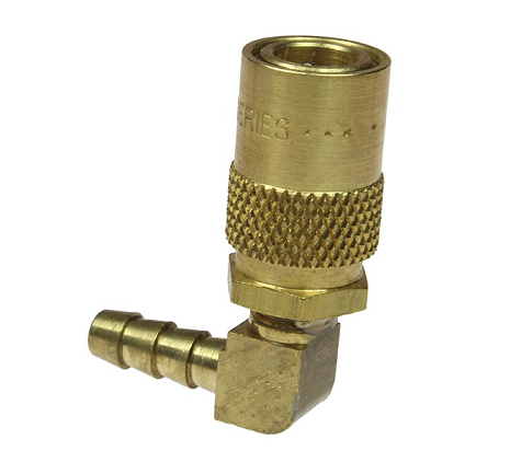 6-214 by Coilhose | Moldflow™ Series | Hose Barb Coupler | Non-Valved | 1/4" Body Size | 1/4" Hose ID | 90° Elbow | Brass