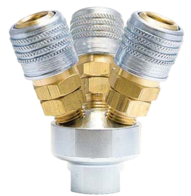 MAN2525A Breco by Foster | 3-Way Manifold w/ three D341 Sockets | 1/4" Female NPT Inlet x 1/4" Industrial Interchange Sockets | Manifold | Brass