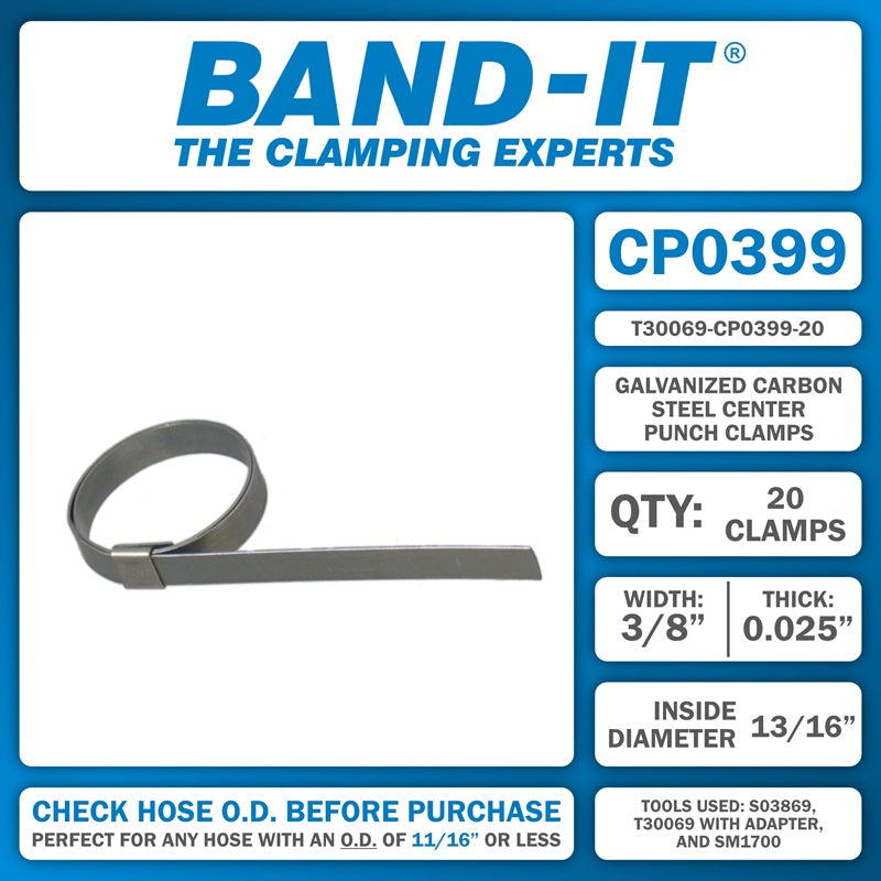 T30069-CP0399-20 by Band-It | Center Punch Clamps & Installation Tool Kit | 0.8125" ID | 3/8" Width | 0.025" Thickness | Galvanized Carbon Steel | 20/Box