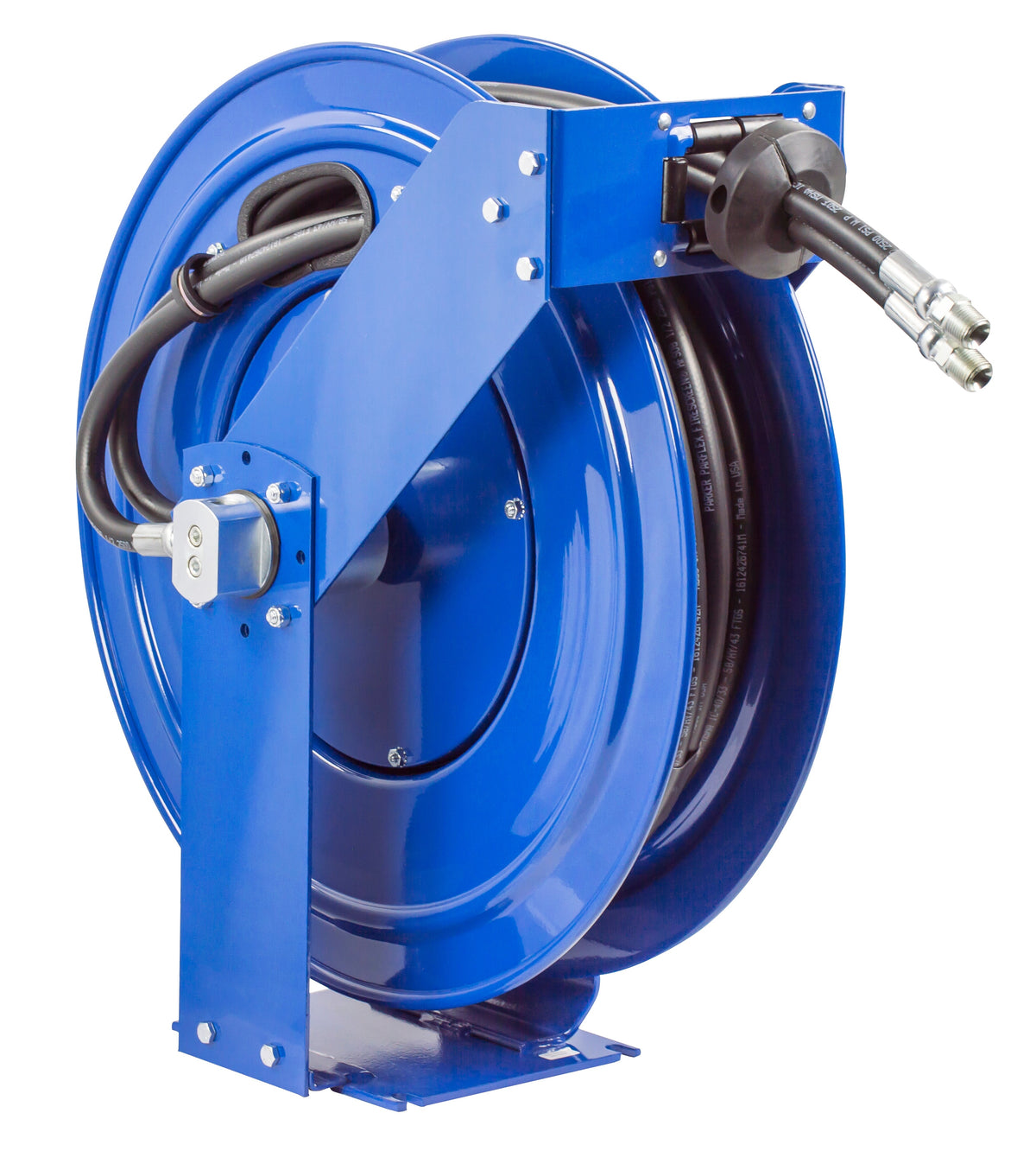 TDMP-N-450 by Coxreels | TDMP Series | 2,500 PSI Dual Hose Spring Driven Hose Reel for Hydraulic Oil | 1/2" Hose ID, 1/2" FNPT Inlet x 1/2" MNPT Hose End | Steel | 50ft Synthetic Rubber Hose Included