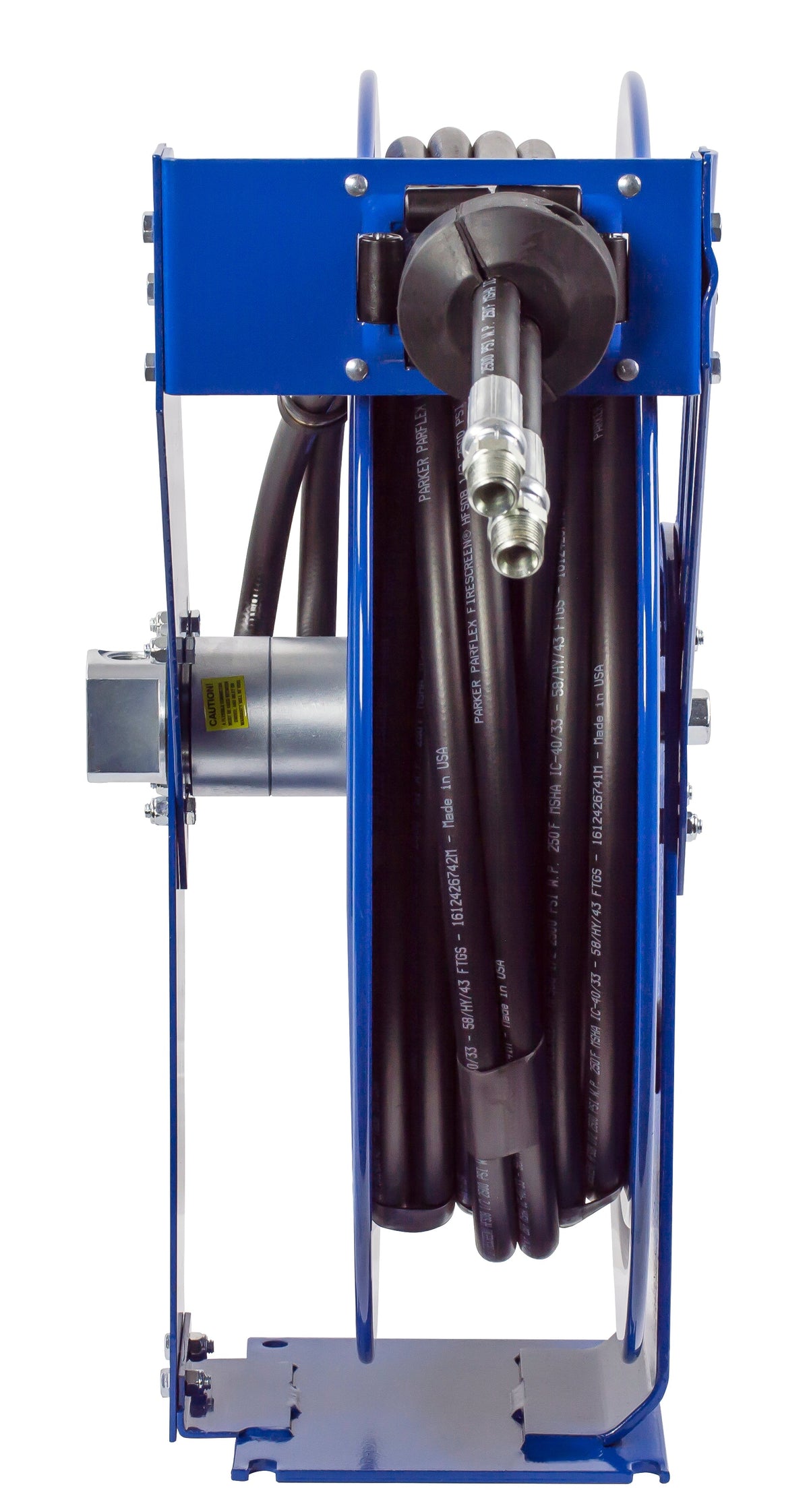 TDMP-N-450 by Coxreels | TDMP Series | 2,500 PSI Dual Hose Spring Driven Hose Reel for Hydraulic Oil | 1/2" Hose ID, 1/2" FNPT Inlet x 1/2" MNPT Hose End | Steel | 50ft Synthetic Rubber Hose Included