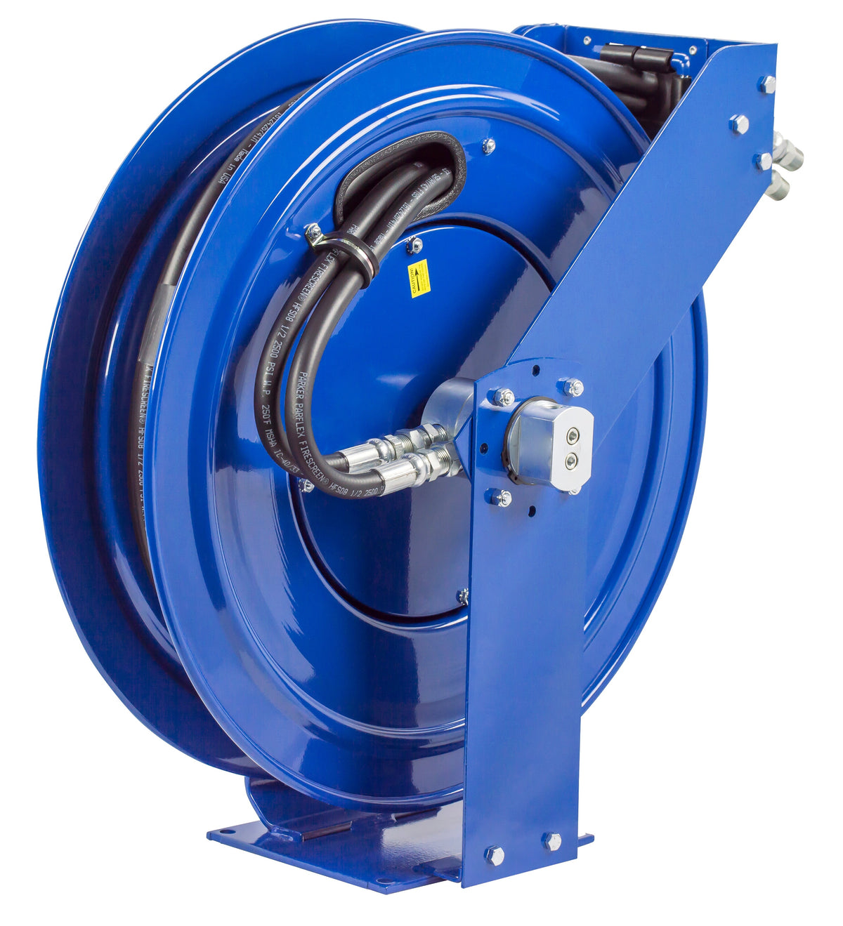 TDMP-N-350 by Coxreels | TDMP Series | 3,000 PSI Dual Hose Spring Driven Hose Reel for Hydraulic Oil | 3/8" Hose ID, 3/8" FNPT Inlet x 3/8" MNPT Hose End | Steel | 50ft Synthetic Rubber Hose Included