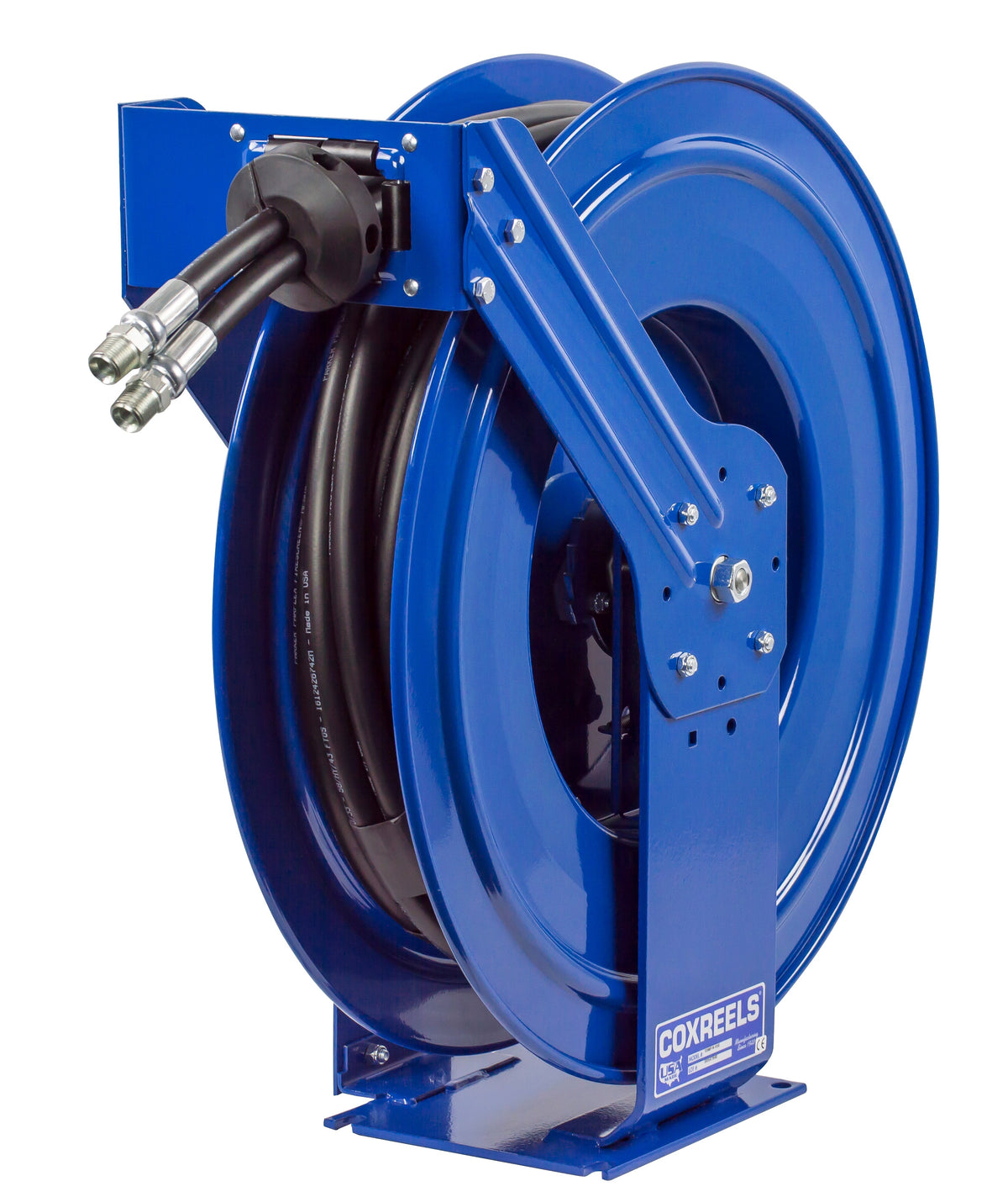 TDMP-N-350 by Coxreels | TDMP Series | 3,000 PSI Dual Hose Spring Driven Hose Reel for Hydraulic Oil | 3/8" Hose ID, 3/8" FNPT Inlet x 3/8" MNPT Hose End | Steel | 50ft Synthetic Rubber Hose Included