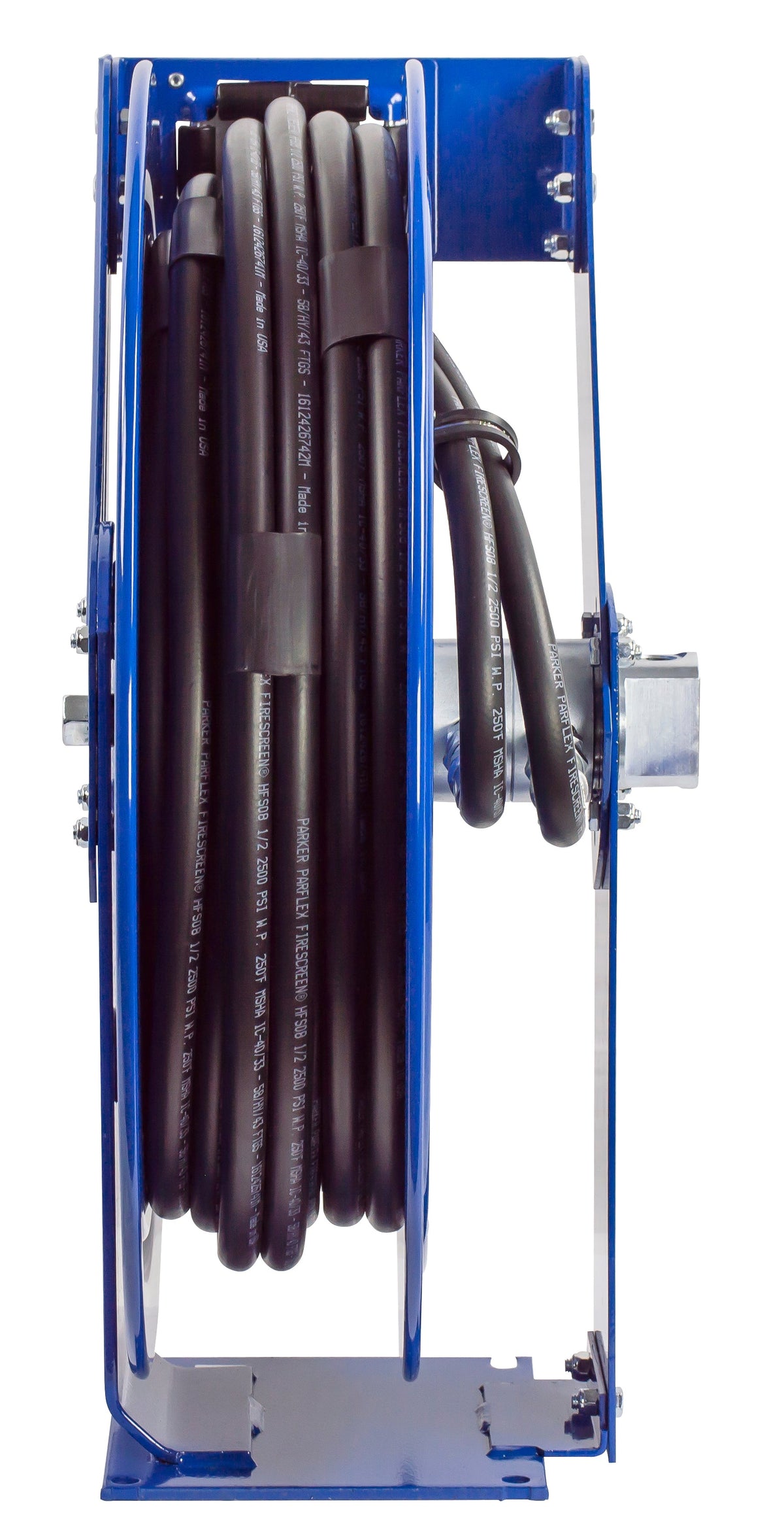 TDMP-N-450 by Coxreels | TDMP Series | 2,500 PSI Dual Hose Spring Driven Hose Reel for Hydraulic Oil | 1/2" Hose ID, 1/2" FNPT Inlet x 1/2" MNPT Hose End | Steel | 50ft Synthetic Rubber Hose Included