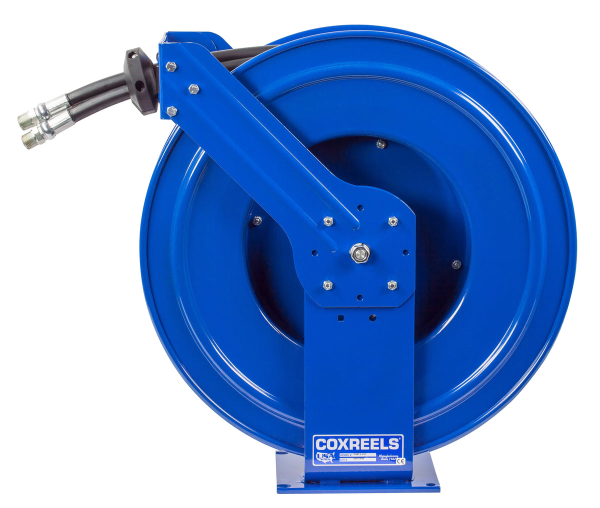 TDMP-N-350 by Coxreels | TDMP Series | 3,000 PSI Dual Hose Spring Driven Hose Reel for Hydraulic Oil | 3/8" Hose ID, 3/8" FNPT Inlet x 3/8" MNPT Hose End | Steel | 50ft Synthetic Rubber Hose Included