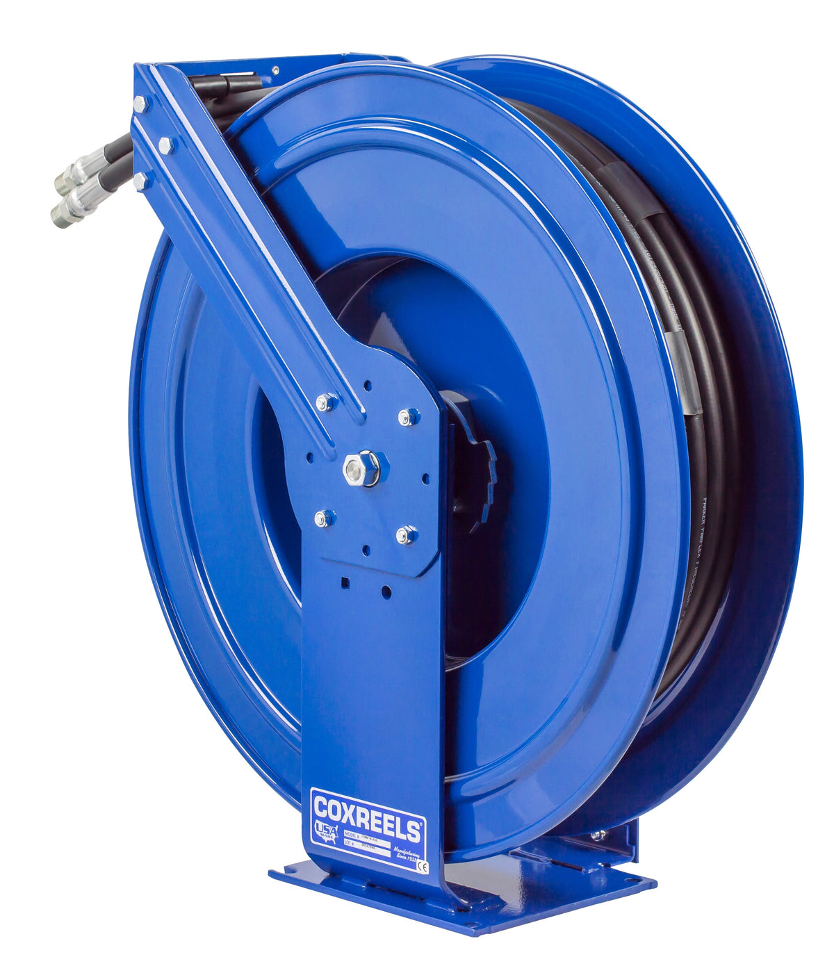 TDMP-N-350 by Coxreels | TDMP Series | 3,000 PSI Dual Hose Spring Driven Hose Reel for Hydraulic Oil | 3/8" Hose ID, 3/8" FNPT Inlet x 3/8" MNPT Hose End | Steel | 50ft Synthetic Rubber Hose Included