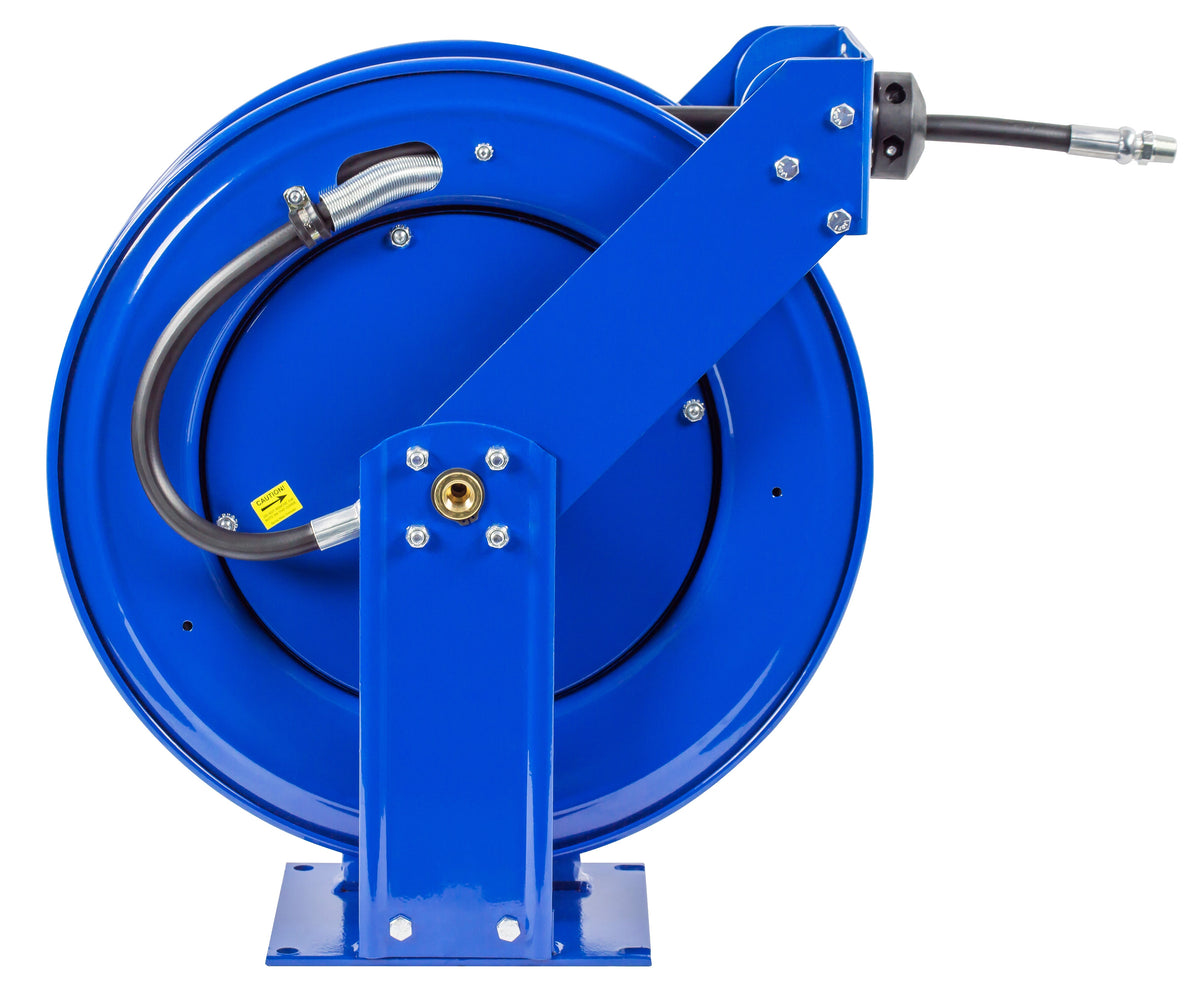 TMP-N-475 by Coxreels | T Series | 2,500 PSI Spring Driven Hose Reel for Air, Water & Oil | 1/2" Hose ID, 1/2" FNPT Inlet x 1/2" MNPT Hose End | Steel | 75ft Rubber Hose Included