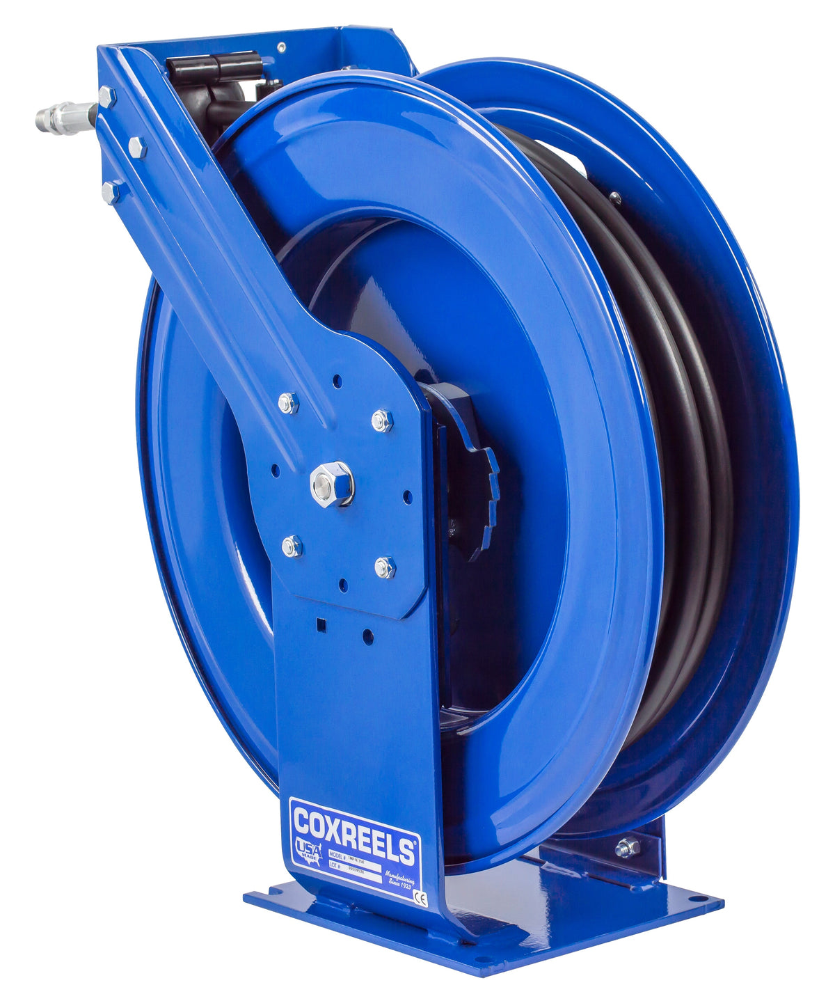 TMP-N-3100 by Coxreels | T Series | 3,000 PSI Spring Driven Hose Reel for Air, Water & Oil | 3/8" Hose ID, 3/8" FNPT Inlet x 3/8" MNPT Hose End | Steel | 100ft Rubber Hose Included