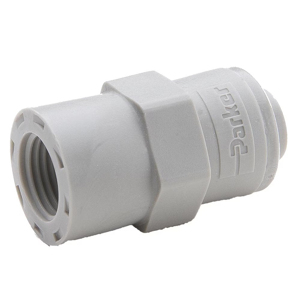 A6FA7-MG by Parker | TrueSeal™ Threaded Fittings | 3/8" Faucet Adapter x 7/16-24" UNS-2B Thread | 1.41" Length | Straight | Gray | Acetal
