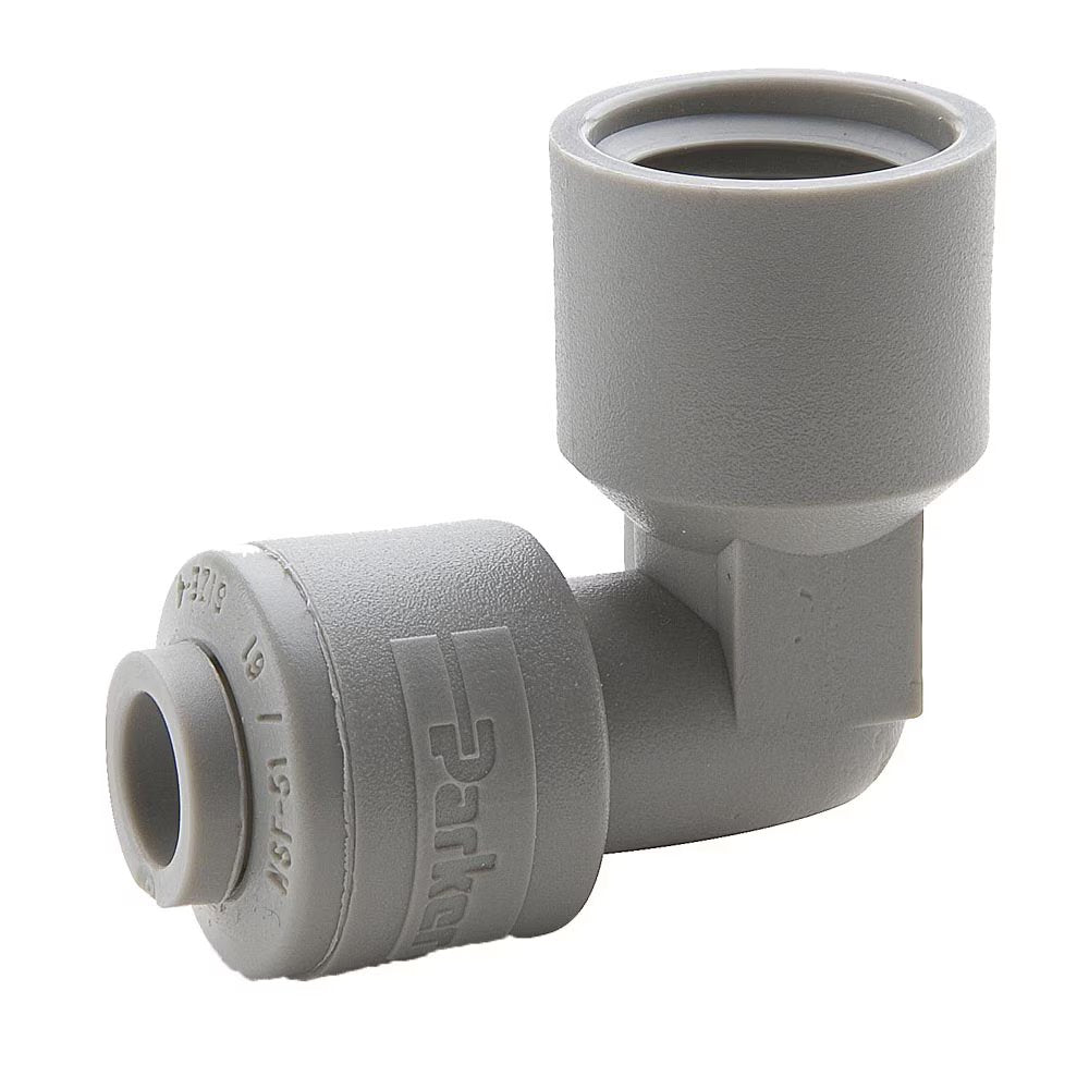 A6FE4-MG by Parker | TrueSeal™ Threaded Fittings | 3/8" Push-to-Connect x 1/4" Female NPT Thread | 90° Elbow | Gray | Acetal