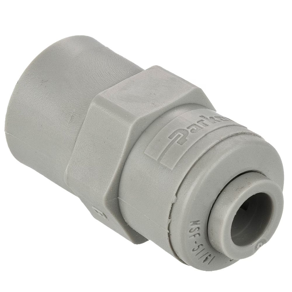A4FF4-MG by Parker | TrueSeal™ Threaded Fittings | 1/4" Female Connector x 7/16-20" UNS-2B Thread | 1.32" Length | Straight | Gray | Acetal