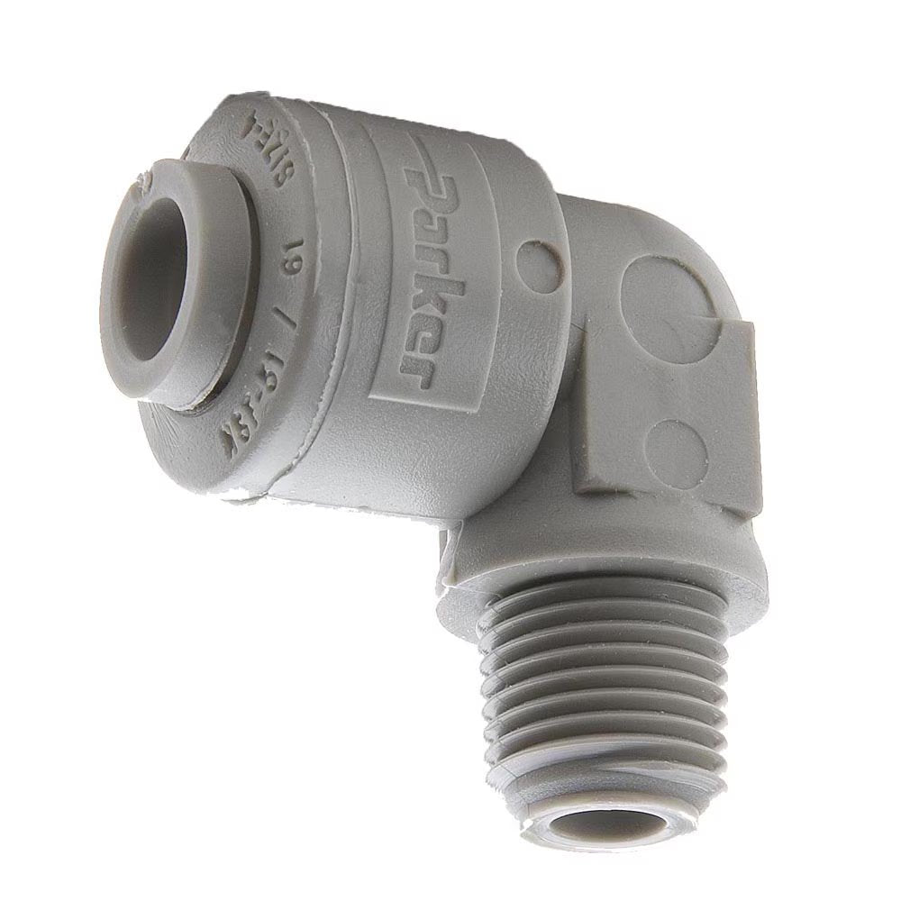 A6ME4-MG by Parker | TrueSeal™ Threaded Fittings | 3/8" Push-to-Connect x 1/4" Male NPTF Thread | 90° Elbow | Gray | Acetal | Pack of 25