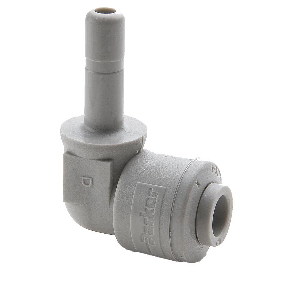 A6TEU6-MG by Parker | TrueSeal™ Tube to Tube Union Fitting | 3/8" Push-to-Connect x 3/8" Tube Stem | 90° Elbow | Gray | Acetal