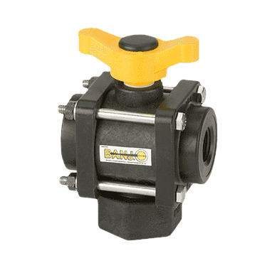 V075BL by Banjo | 3-Way Ball Valve | Bottom Load | 3/4" Female NPT | Opening Thru Ball: 1" | 200 PSI | T Handle | Polypropylene