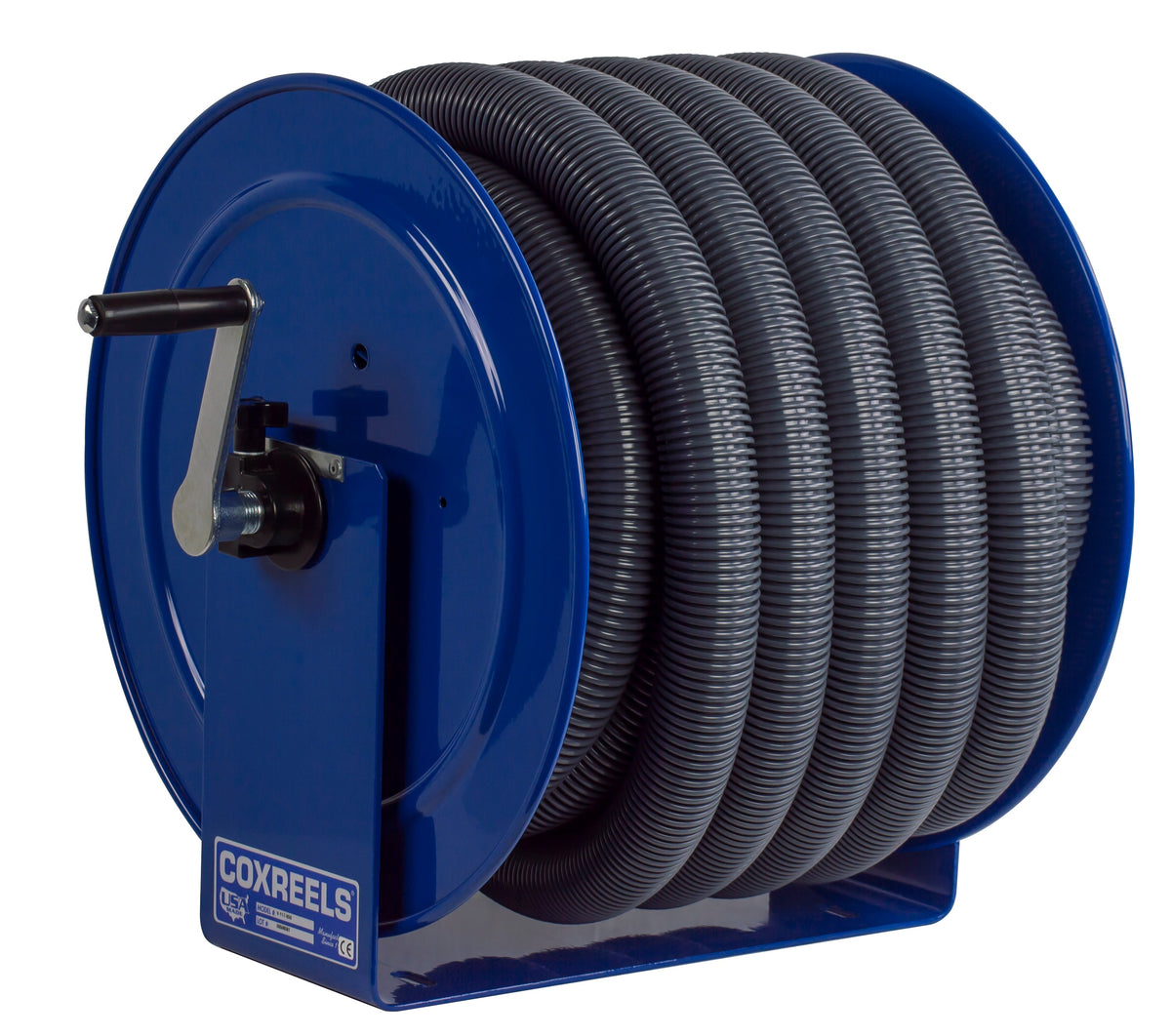 V-112-730 by Coxreels | V100 Series | Hand Crank Vacuum Hose Reel | 1-1/2" or 2" Hose ID, 1-1/2"/2" Female Cuff Inlet | Steel | 30ft Capacity, Hose Not Included