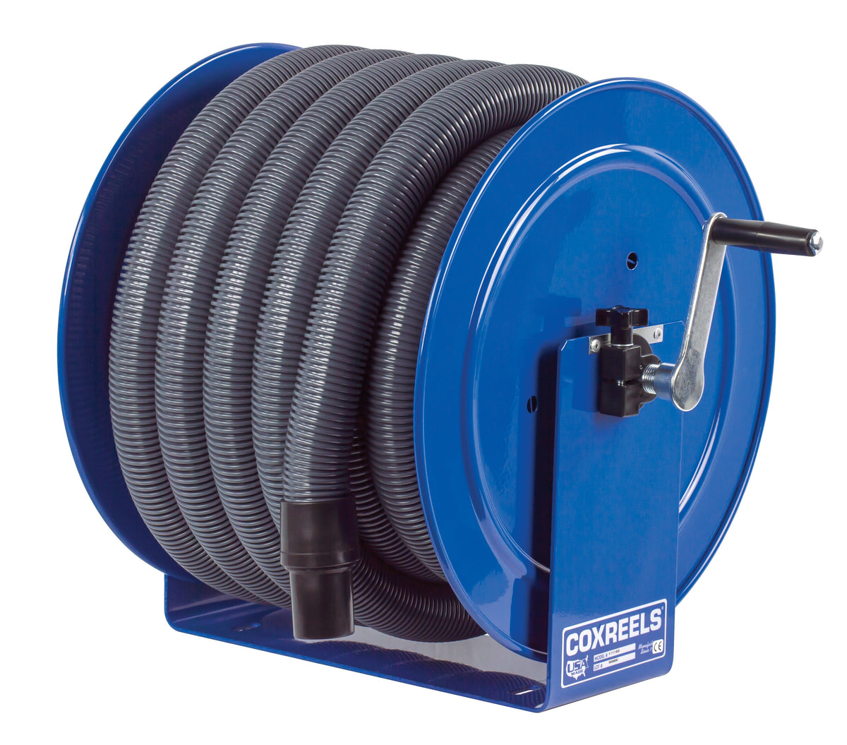 V-117H-850 by Coxreels | V100 Series | Hand Crank Vacuum Hose Reel | 1-1/2" or 2" Hose ID, 1-1/2"/2" Female Cuff Inlet | Steel | 50ft Hose Included