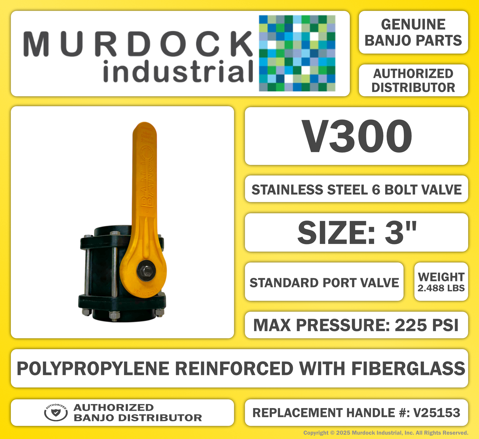 V300 by Banjo | 6 Bolt Ball Valve | Standard Port | 3" Female NPT x 3" Female NPT | Opening Thru Ball: 2-1/2" | 225 PSI | Polypropylene | Pack of 8
