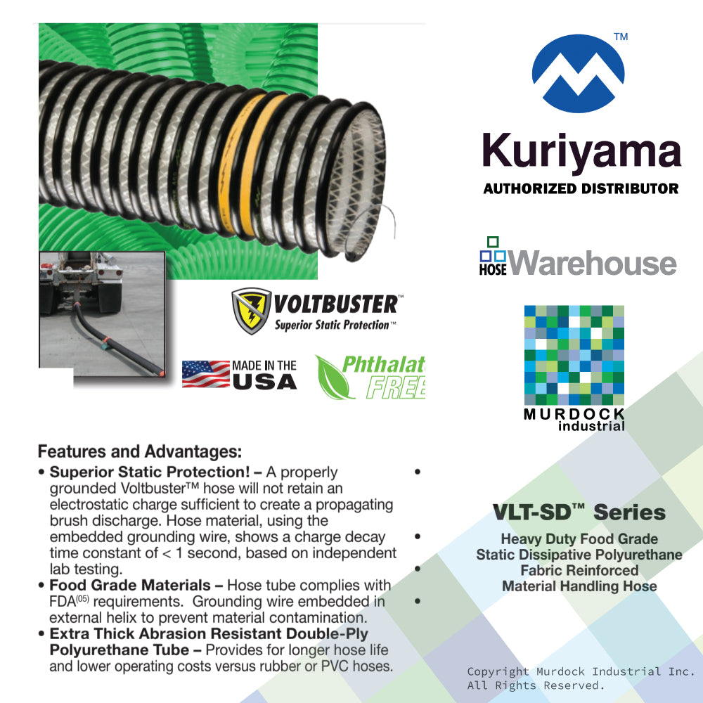 VLT-SD200X100 Tigerflex by Kuriyama | VLT Series | Heavy Duty Food Grade Static Dissipative Fabric Reinforced Material Handling Hose | 2" ID | Polyurethane | 100ft Length
